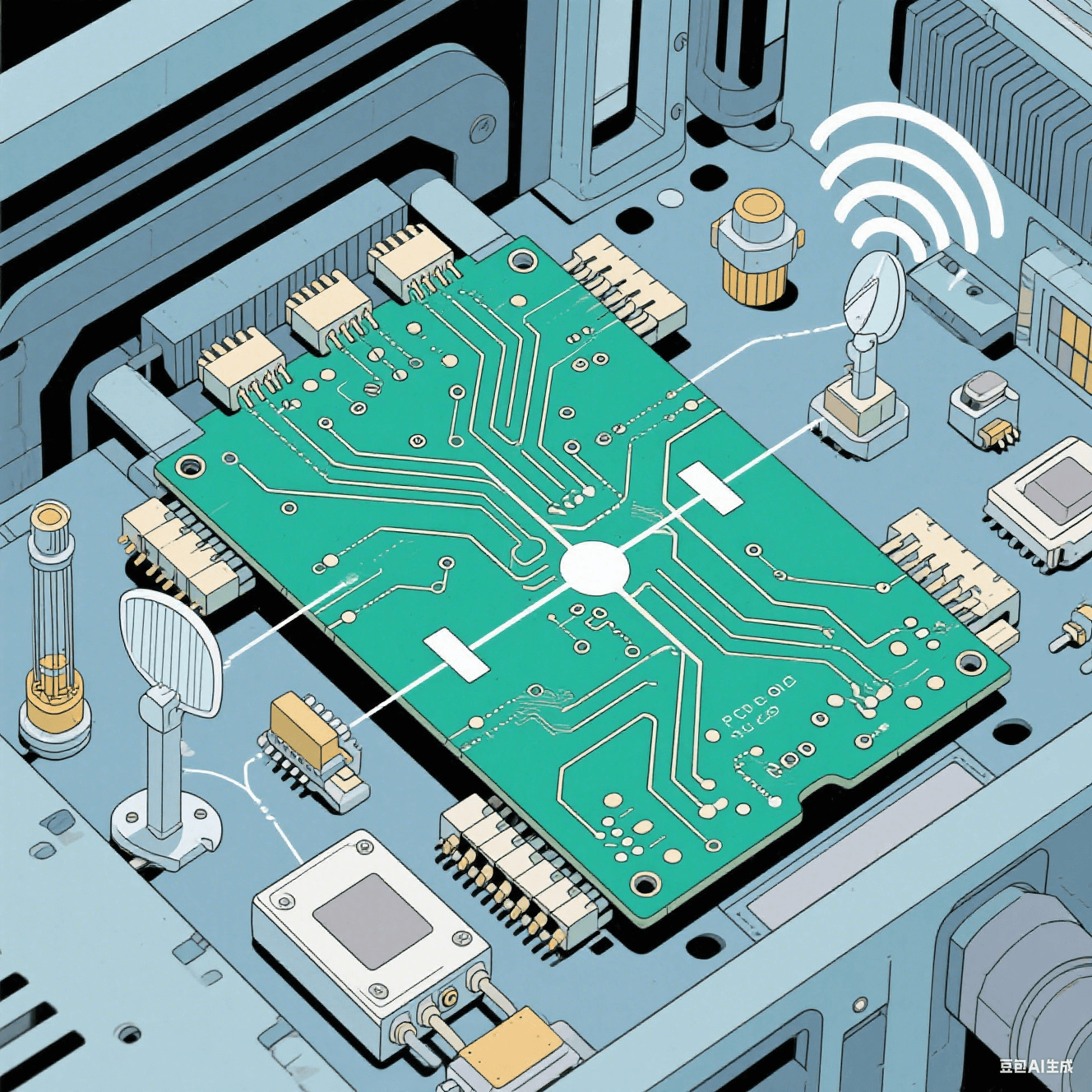 高頻通信設(shè)備中 PCB 陶瓷電路板的工作示意圖，顯示電路板上的高頻信號傳輸路徑，周圍有微波器件、天線等元件