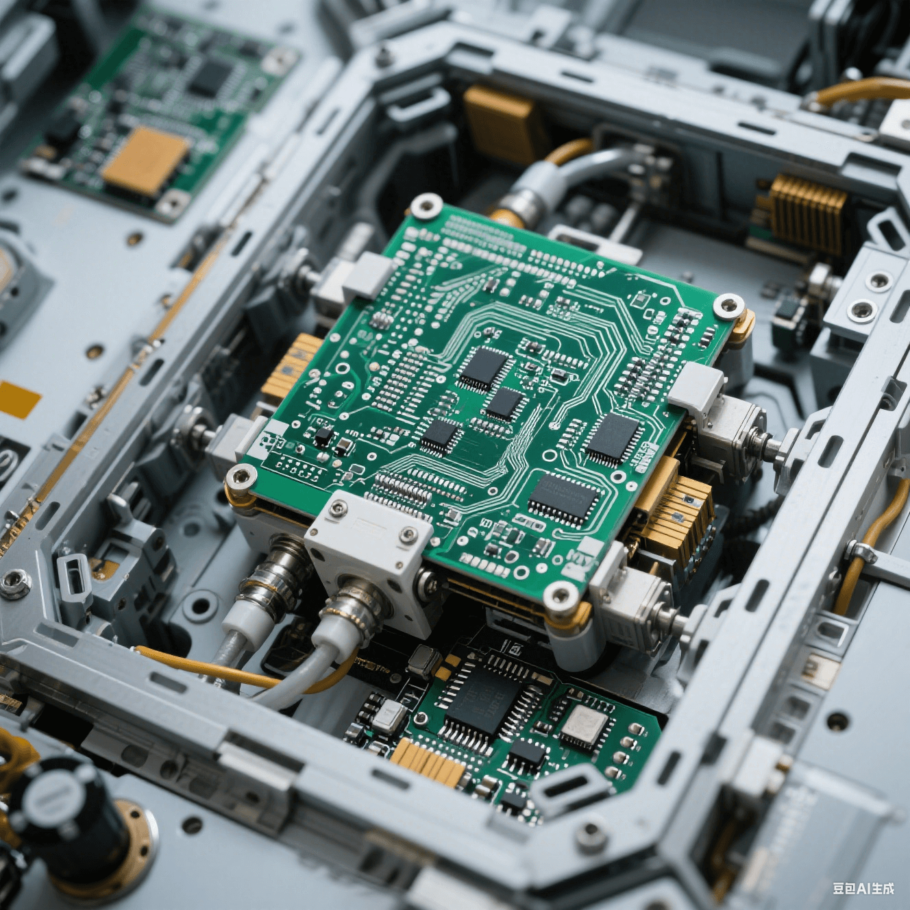 航空航天領(lǐng)域中使用的 PCB 陶瓷電路板圖片，展示其在衛(wèi)星星載電子設(shè)備中的安裝方式