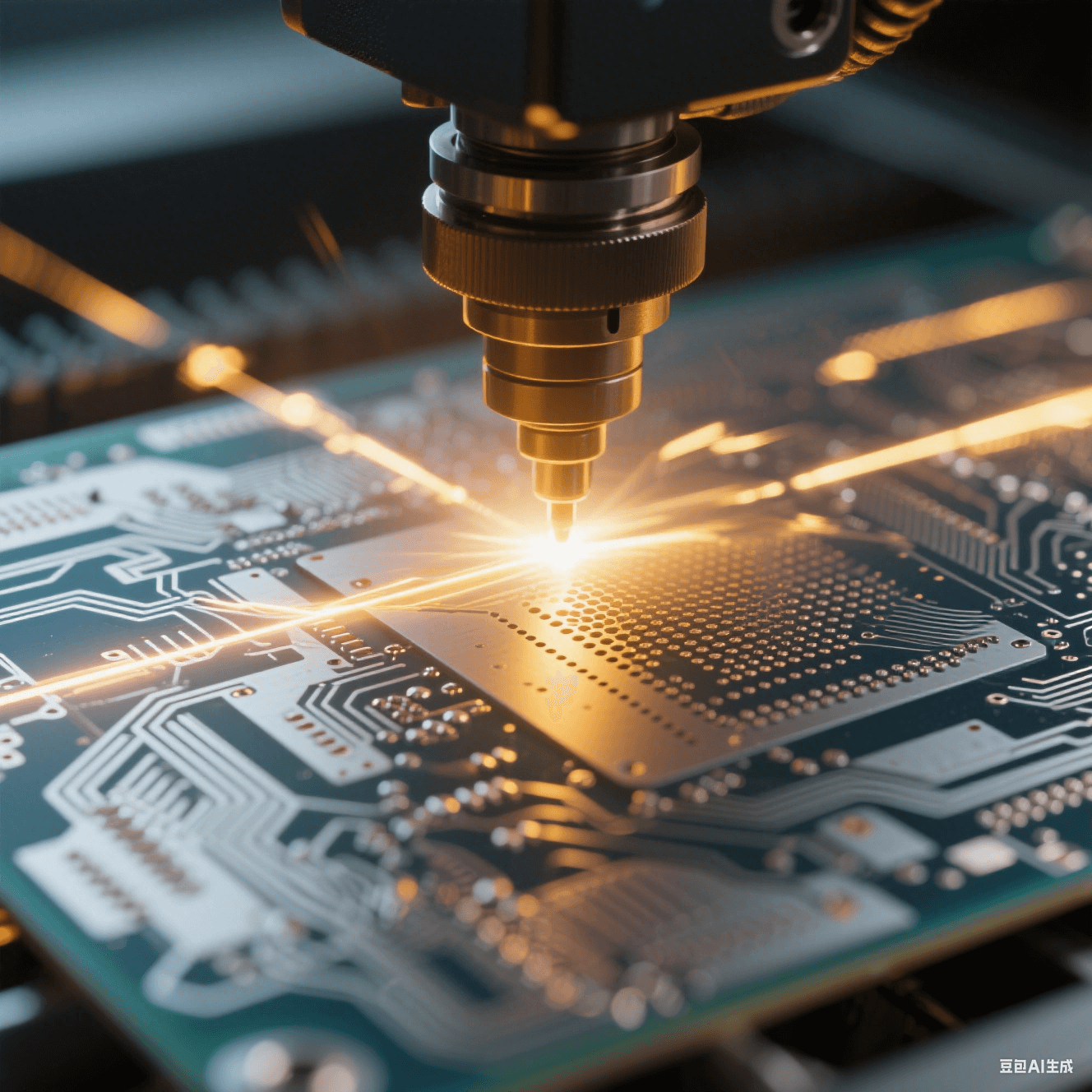 特種印制電路板的激光微孔加工過程，UV 激光束聚焦于板材，形成精細微孔