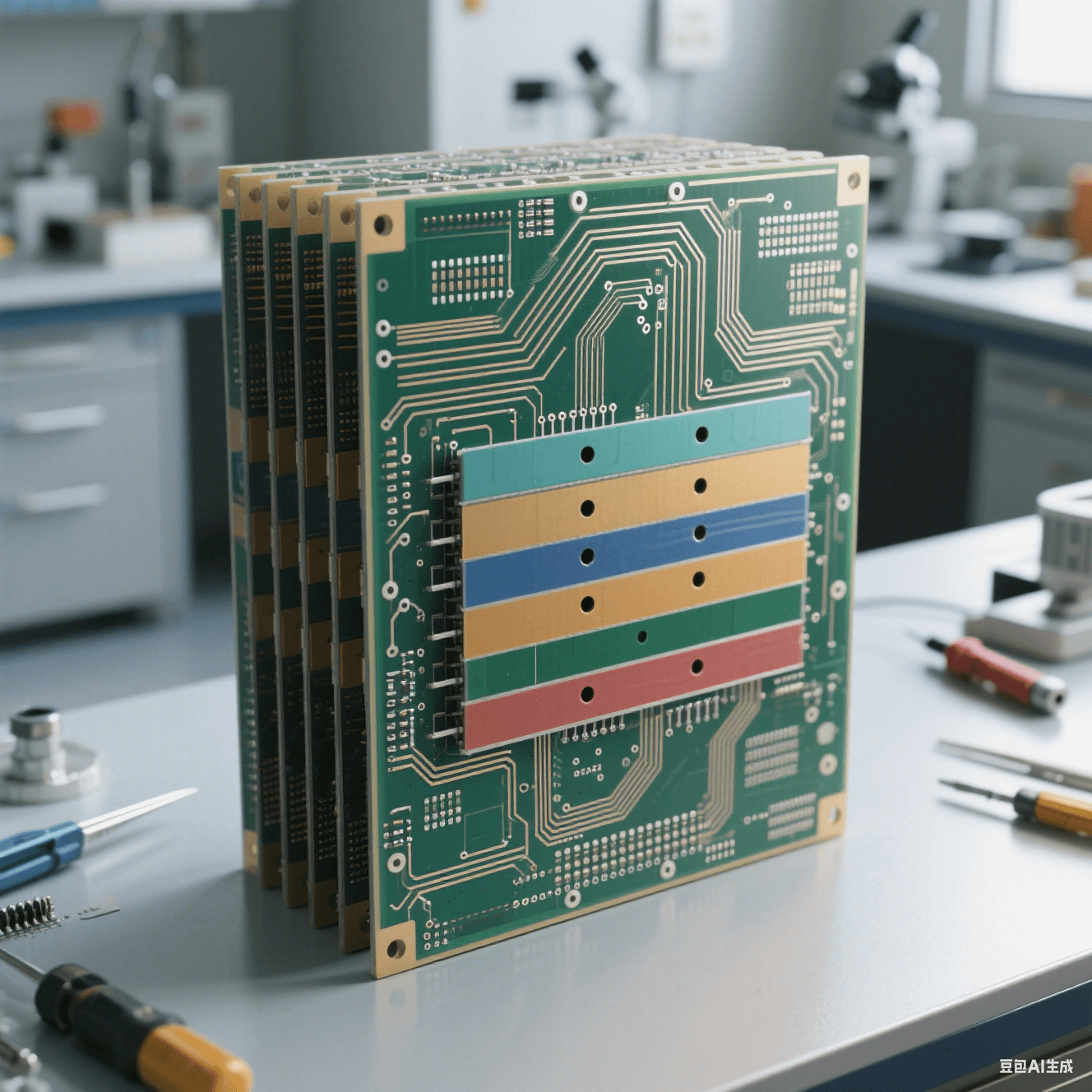 IC 封裝基板多層結構示意圖，展示 3μm 線寬的線路層與絕緣層交替排列，微孔垂直互連設計，背景為實驗室操作臺面。