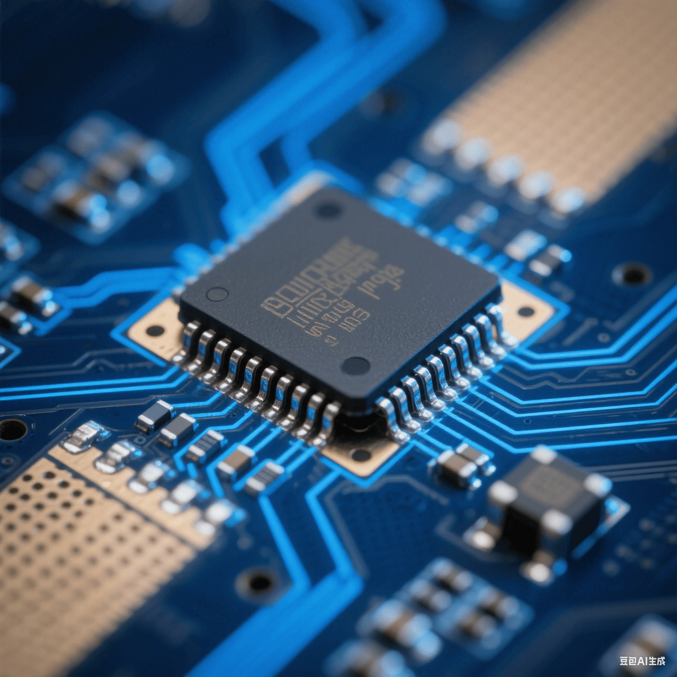 Flip Chip 倒裝芯片與封裝基板互連細節(jié)，顯示微米級焊點與信號傳輸路徑，背景為藍色電路板基底