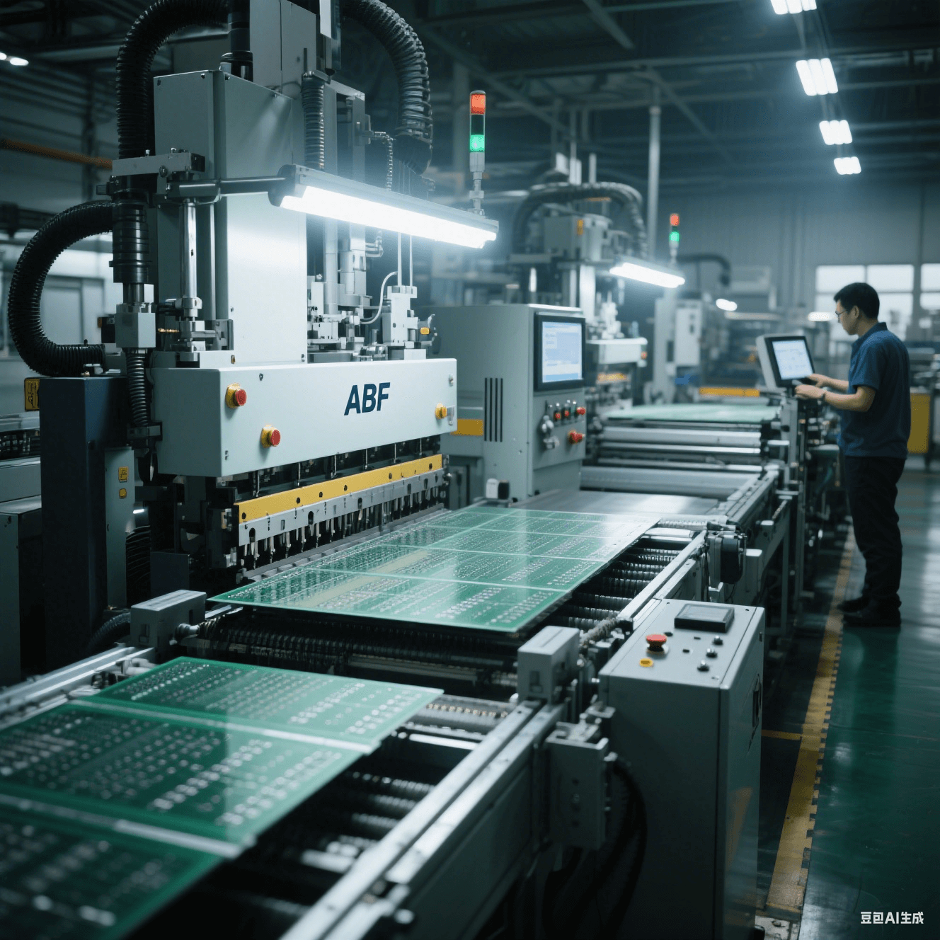 ABF 載板量產(chǎn)流水線實拍，呈現(xiàn) mSAP 工藝壓合與激光鉆孔工序，工人監(jiān)控設備運行，體現(xiàn)高多層基板制造流程。