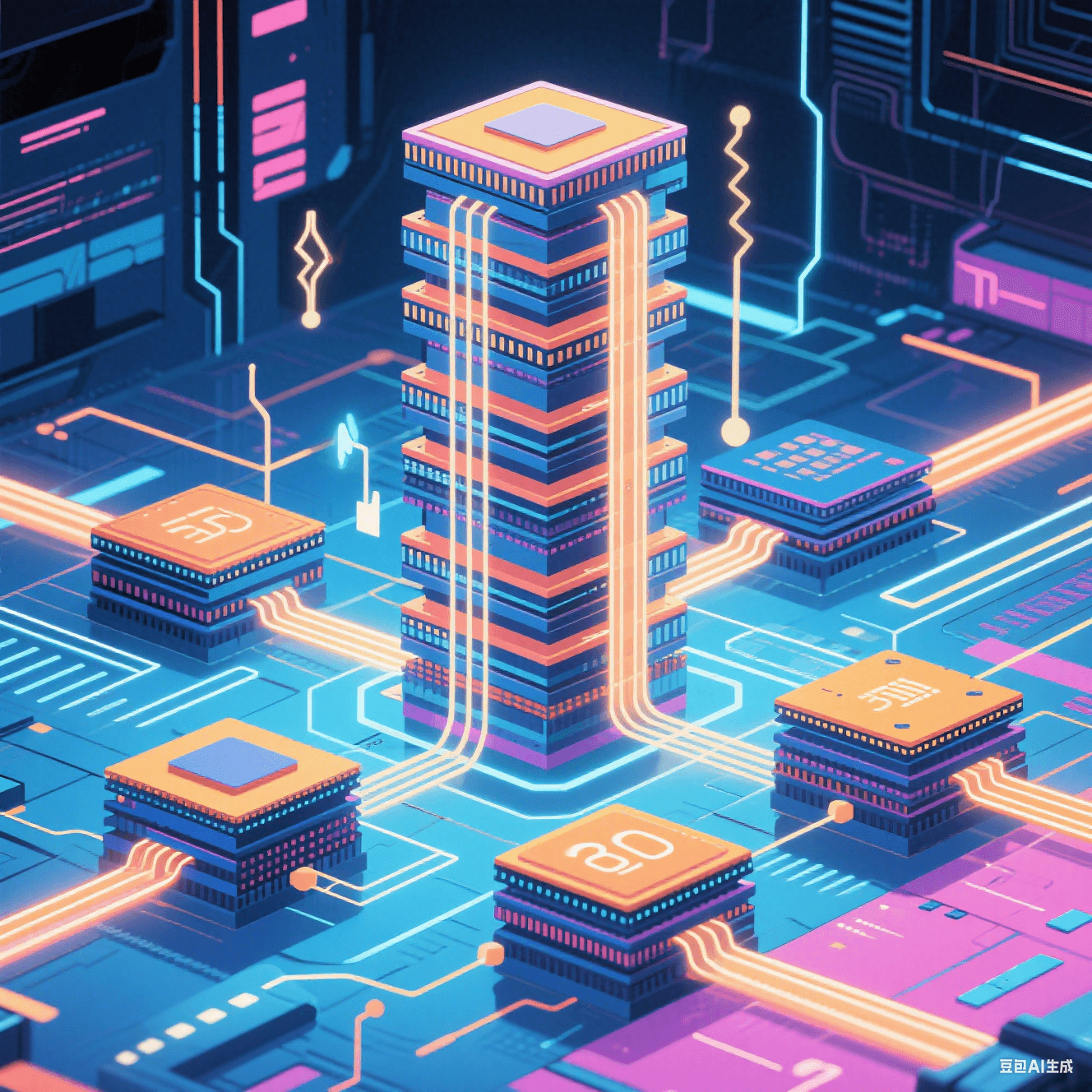 3D 封裝技術示意圖，多芯片堆疊通過 TSV 硅通孔互連，搭配微通道散熱結構，呈現(xiàn) Chiplet 異構集成場景。