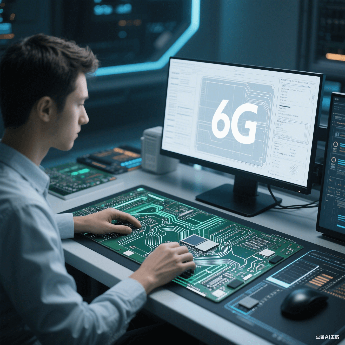 設(shè)計(jì)師使用碳?xì)錁?shù)脂和改性聚苯醚等低損耗基材進(jìn)行 6G 通信高速電路板設(shè)計(jì)，在電腦前進(jìn)行線路布局