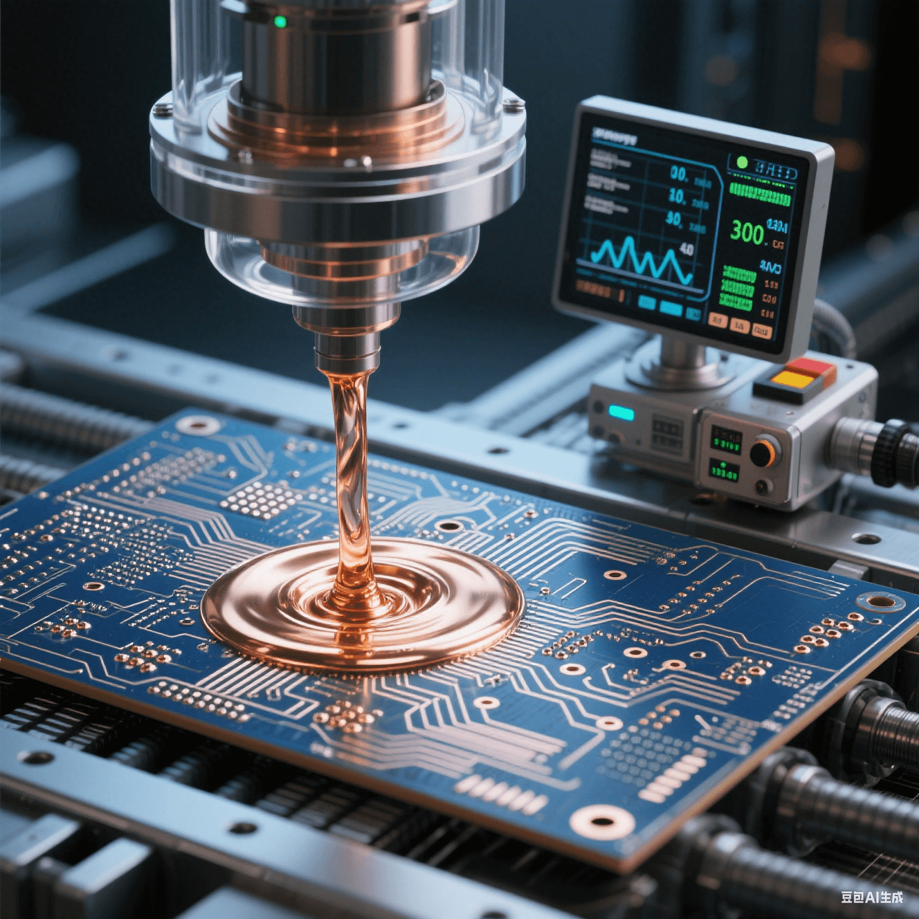 量子計(jì)算高速電路板使用真空填銅工藝，銅液在真空中填充微孔，旁邊監(jiān)控設(shè)備顯示參數(shù)