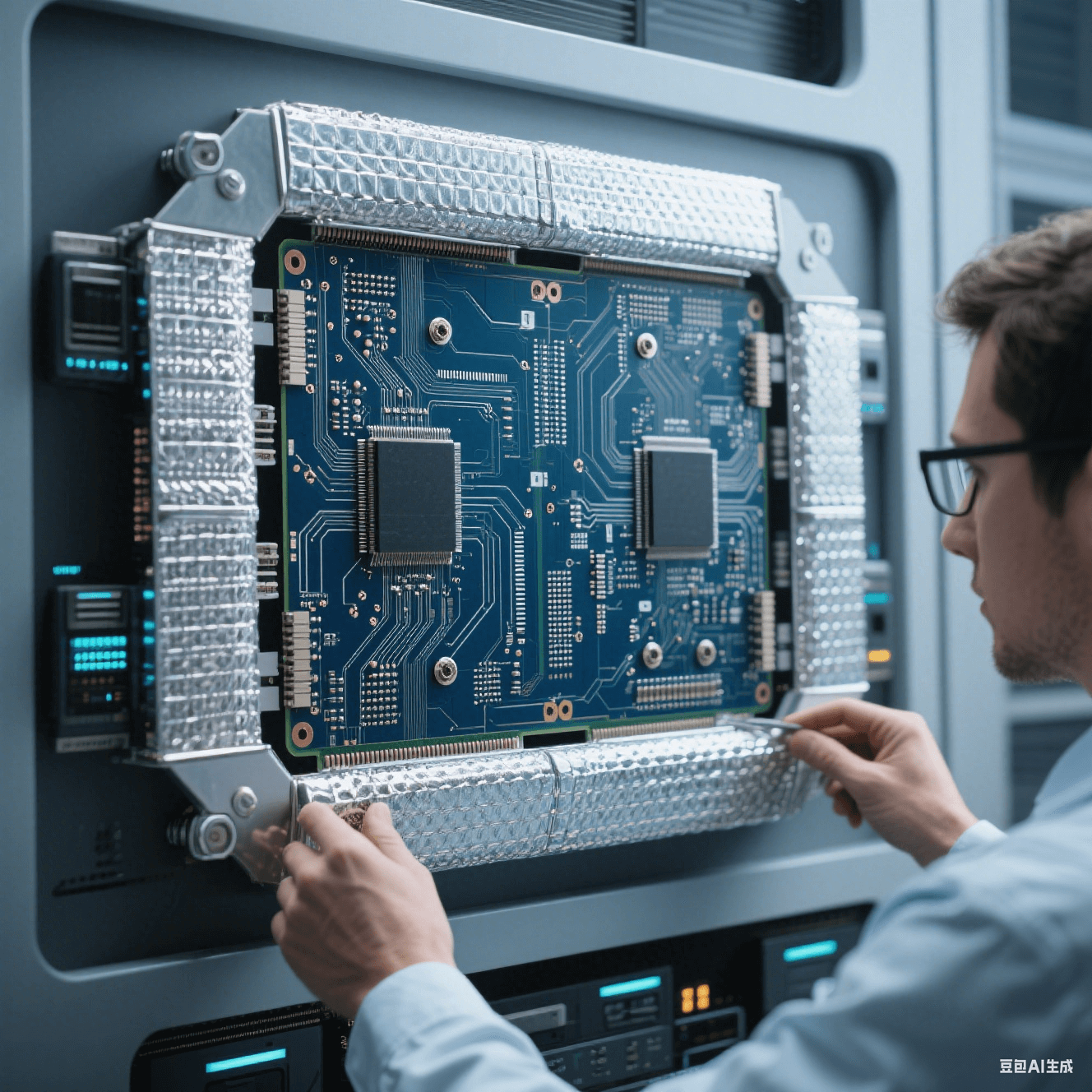 子計(jì)算高速電路板運(yùn)用雙屏蔽層設(shè)計(jì)優(yōu)化信號(hào)完整性，工程師檢查屏蔽層安裝情況