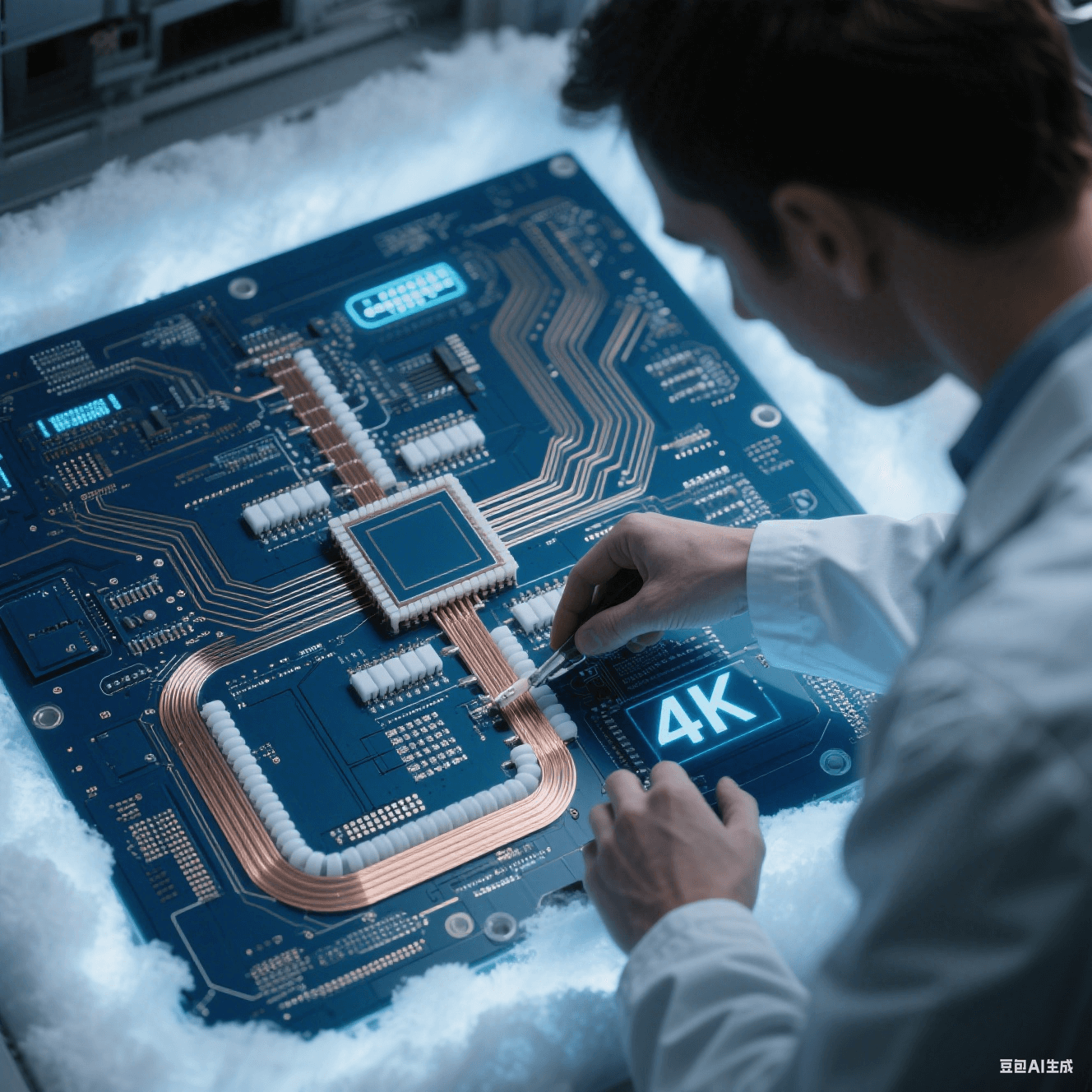 量子計(jì)算高速電路板在 4K 低溫環(huán)境下，采用聚酰亞胺基覆銅板和陶瓷填充 PTFE 材料進(jìn)行超導(dǎo)傳輸線設(shè)計(jì)