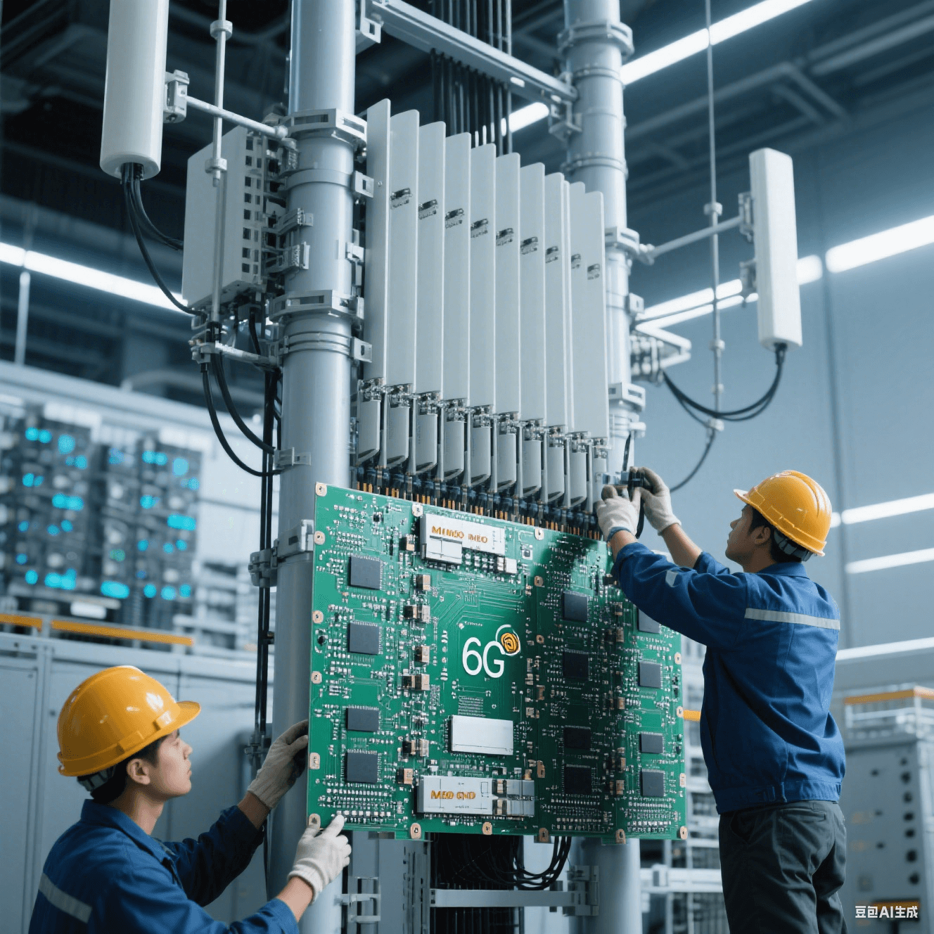6G 基站中，超大規(guī)模 MIMO 天線與高速電路板集成，工人進(jìn)行安裝調(diào)試
