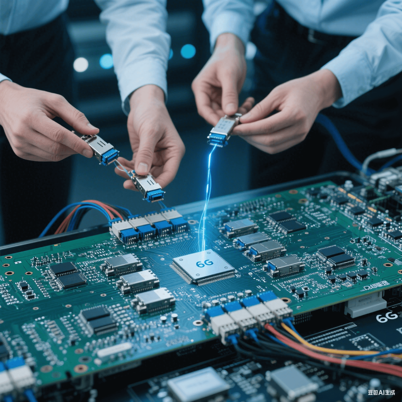 6G 通信高速電路板與硅光模塊互連，技術(shù)人員檢查連接情況和信號(hào)傳輸效果。