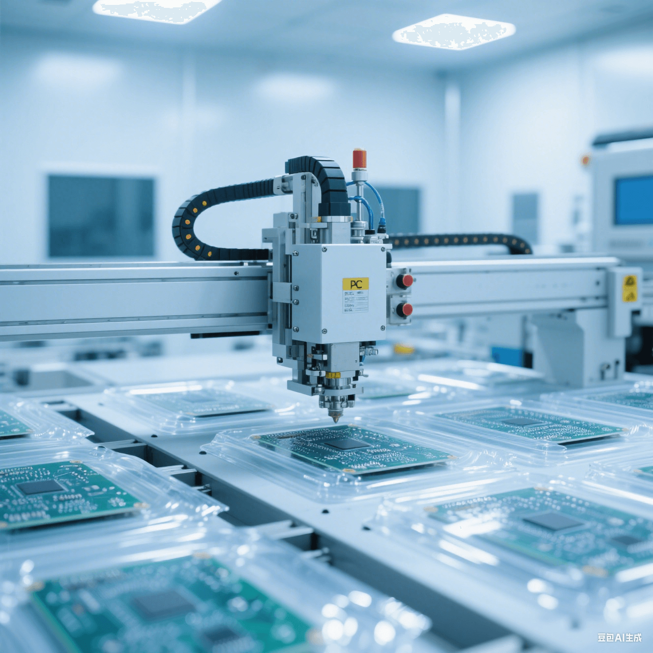 潔凈封裝車間內(nèi)自動(dòng)封裝設(shè)備對(duì) PCB 板進(jìn)行封裝，透明封裝材料在燈光下反光