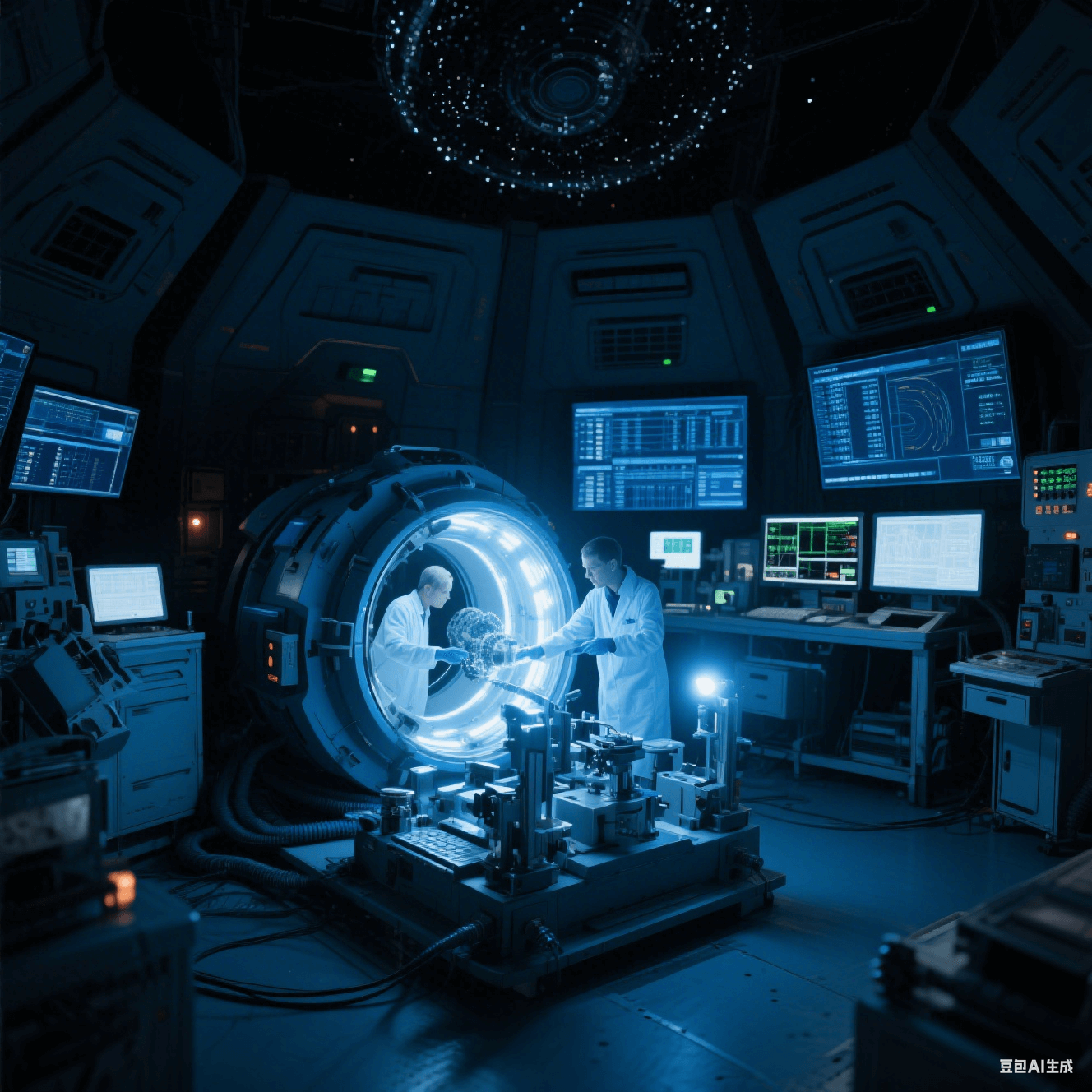 太空環(huán)境模擬實驗室中科研人員模擬微重力下的微孔加工，實驗艙燈光閃爍