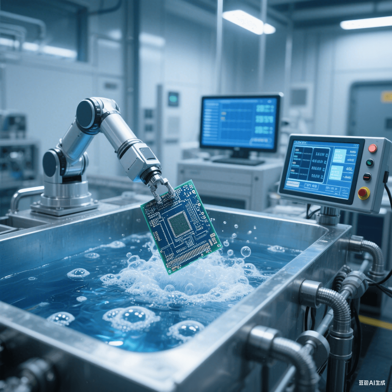 現(xiàn)代化電鍍車間中電鍍槽溶液冒泡，機(jī)械手臂將 PCB 板放入槽內(nèi)電鍍，旁側(cè)監(jiān)測(cè)儀器顯示數(shù)據(jù)