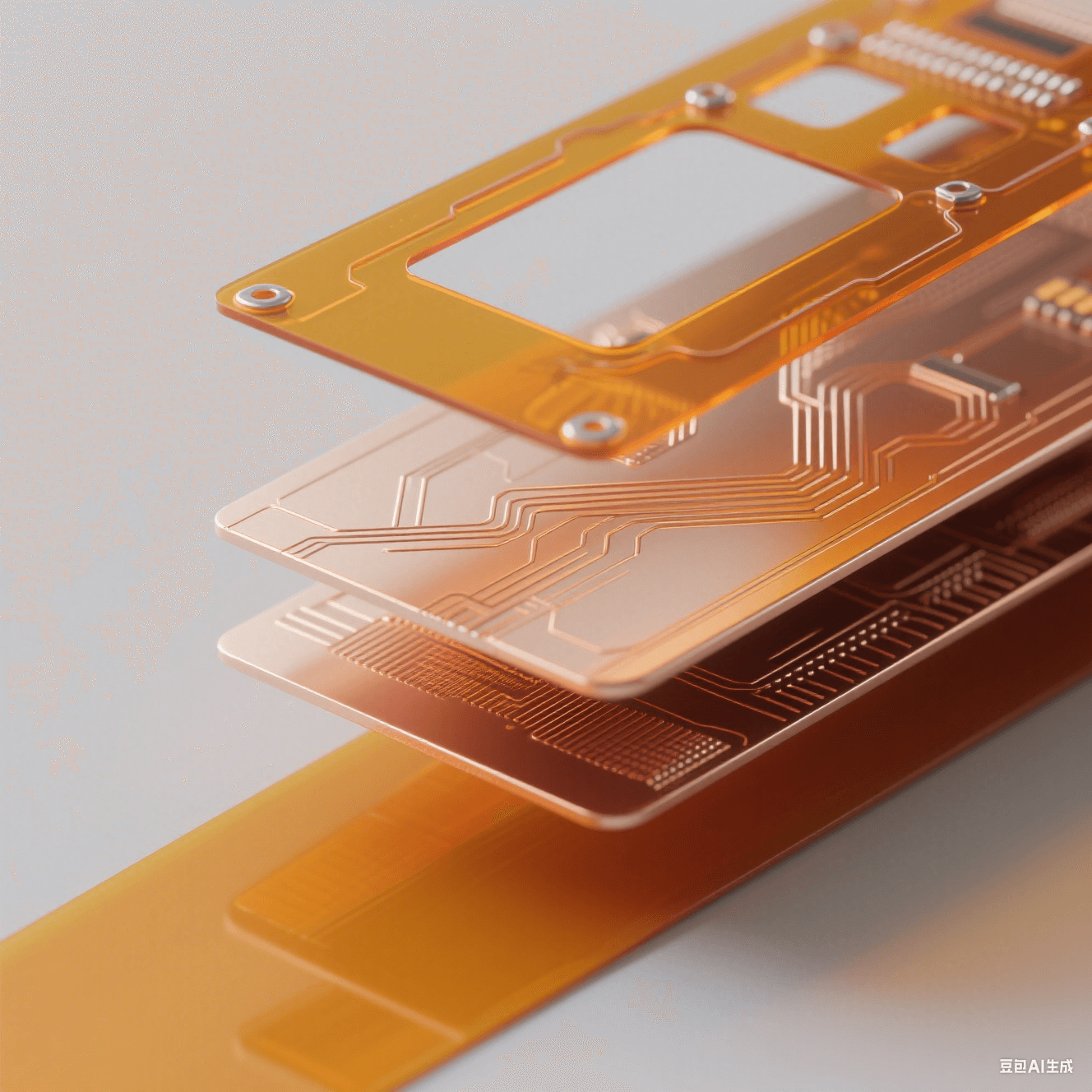 聚酰亞胺柔性板(PI FPC)核心結(jié)構(gòu)分解圖：展示PI基材、銅線路層與PI覆蓋膜