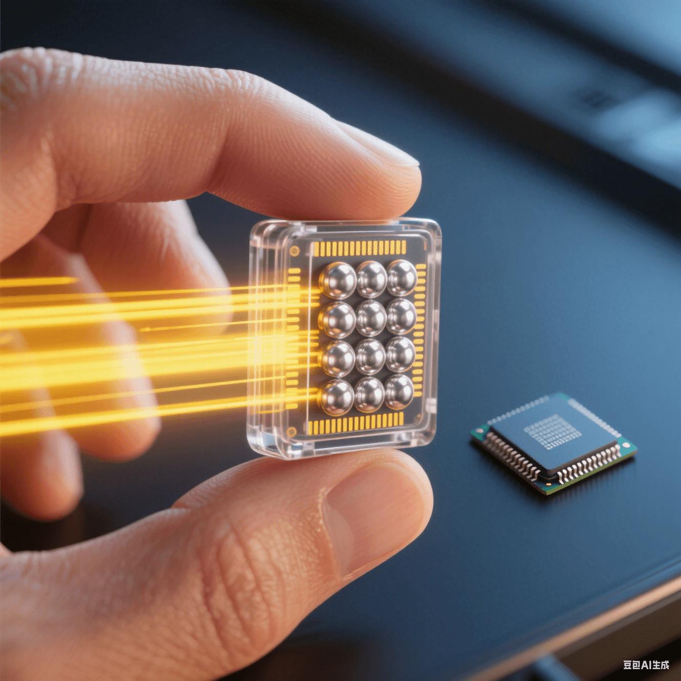 微型存儲芯片應(yīng)用：人手捏持透明封裝的BGA芯片，顯露內(nèi)部焊球陣列，黃色光束象征高速數(shù)據(jù)傳輸，與傳統(tǒng)芯片尺寸對比