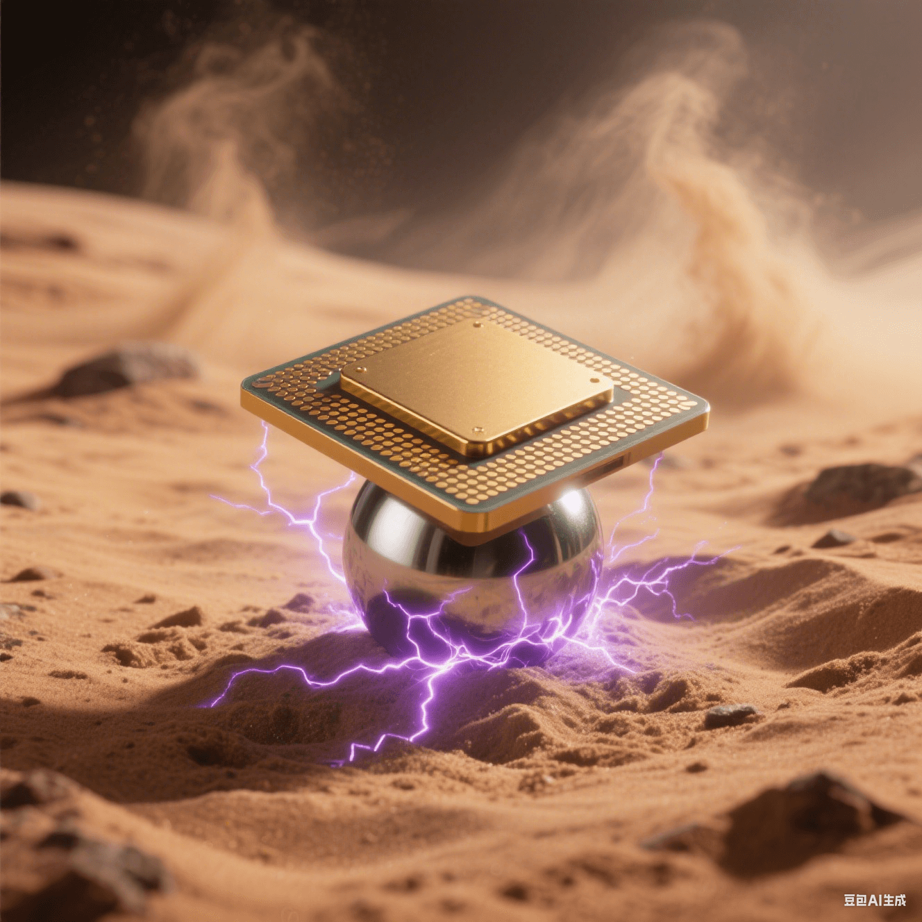 極端環(huán)境應(yīng)用：金色陶瓷封裝芯片置于火星沙地，底部焊球外露，紫色電弧模擬抗輻射性能，沙塵暴背景凸顯可靠性