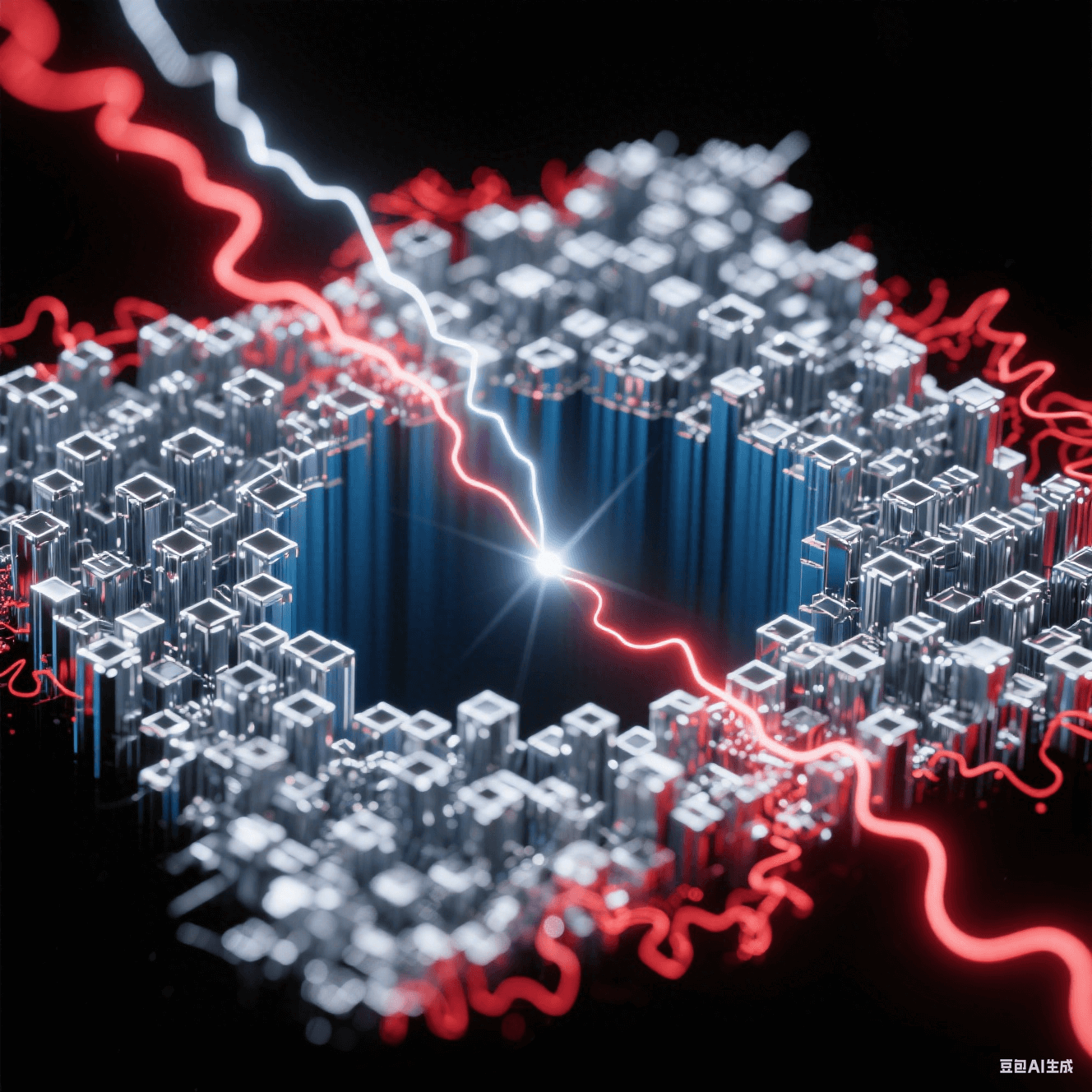 銀色正向電流束在深藍(lán)孔底構(gòu)建致密晶體矩陣，紅色反向電流波紋溶解邊緣毛刺，金屬離子流呈現(xiàn)粒子軌跡追蹤特效