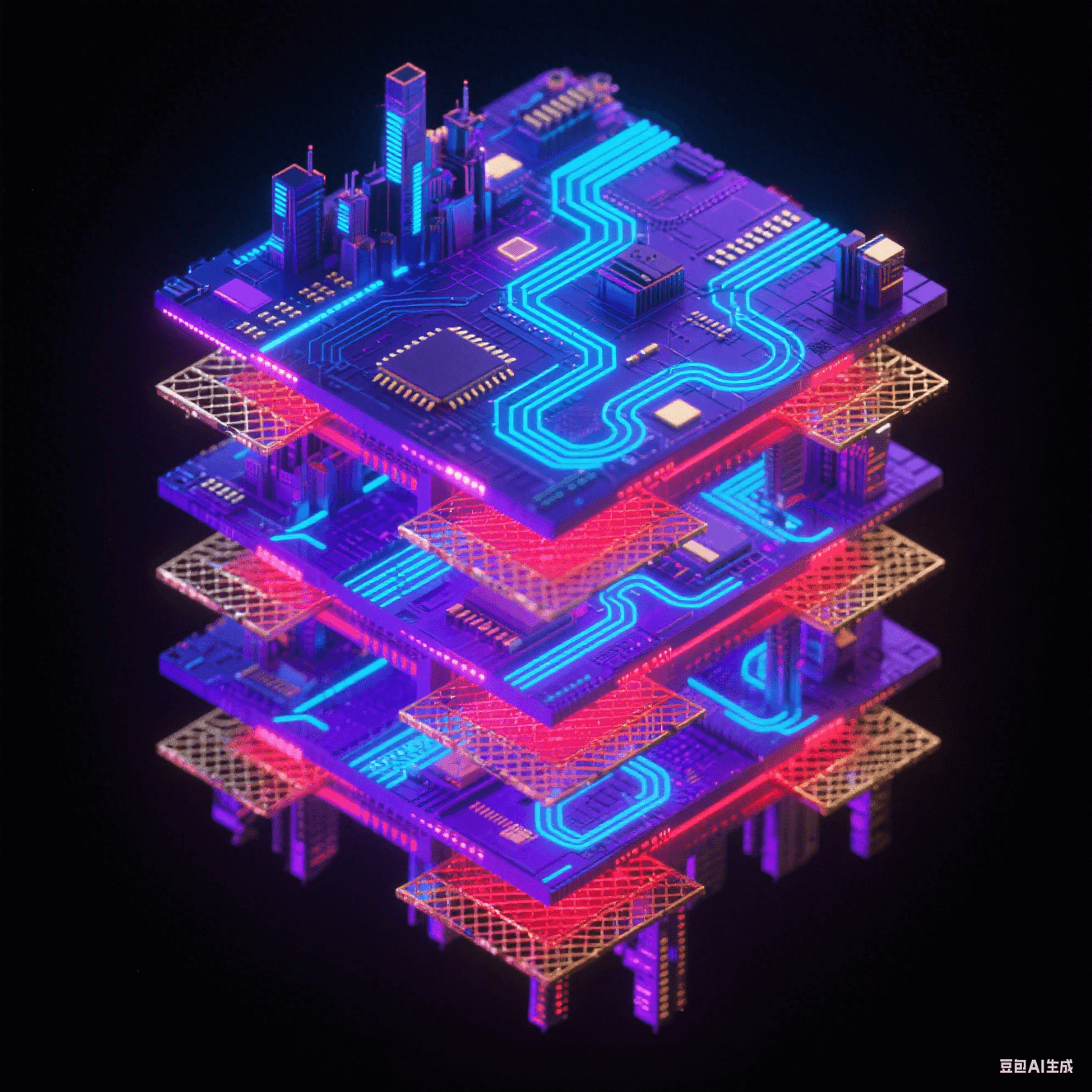 霓虹藍紫光效的8層電路板爆炸視圖：信號層蛇形走線發(fā)藍光，電源層泛紅光，接地層呈金網(wǎng)，各層懸浮排列如未來城市
