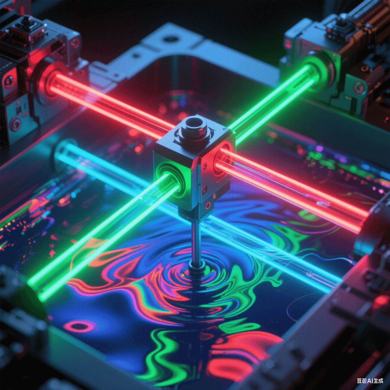 紅/綠/藍(lán)三色光軌沿XYZ軸規(guī)律脈動(dòng)，電解液在透明電鍍槽內(nèi)形成非牛頓流體波紋，濃度梯度折射虹彩光暈