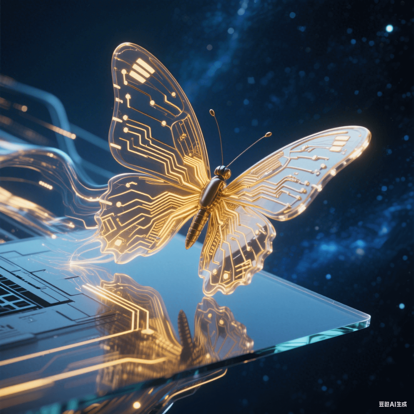 未來主義電子蝴蝶：半透明金色多層電路板如蝶翼般從玻璃基板破繭而出，流光粒子在柔性折疊處流動，背景深藍宇宙星塵