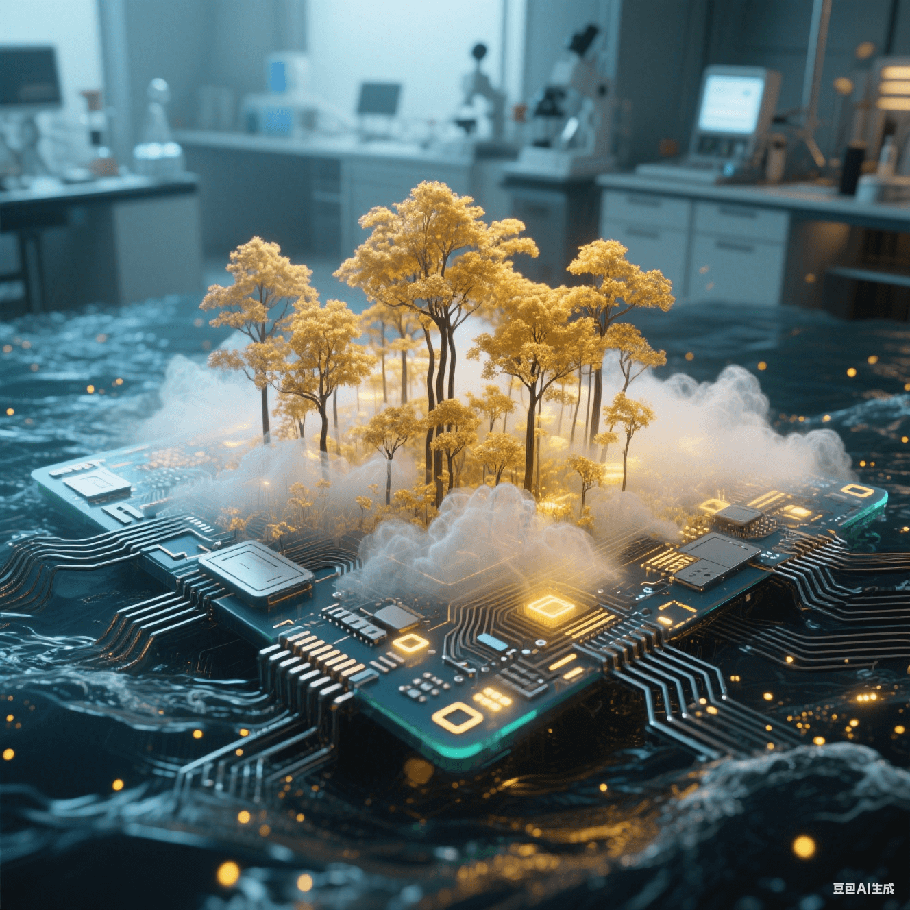 碳納米管在電路表面生長成金色森林，氣凝膠絕緣層如透明云霧籠罩，降解基板在海水中化為發(fā)光粒子