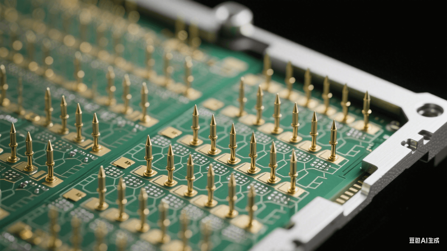 晶圓探針卡顯微結(jié)構(gòu)：殷鋼框架蜂窩陣列探針，3μm鍍金針尖以8-12gf接觸力壓接30μm焊盤(pán)，聚酰亞胺應(yīng)力緩沖層釋放機(jī)械應(yīng)力，翠綠色EMI屏蔽網(wǎng)隔離信號(hào)通道