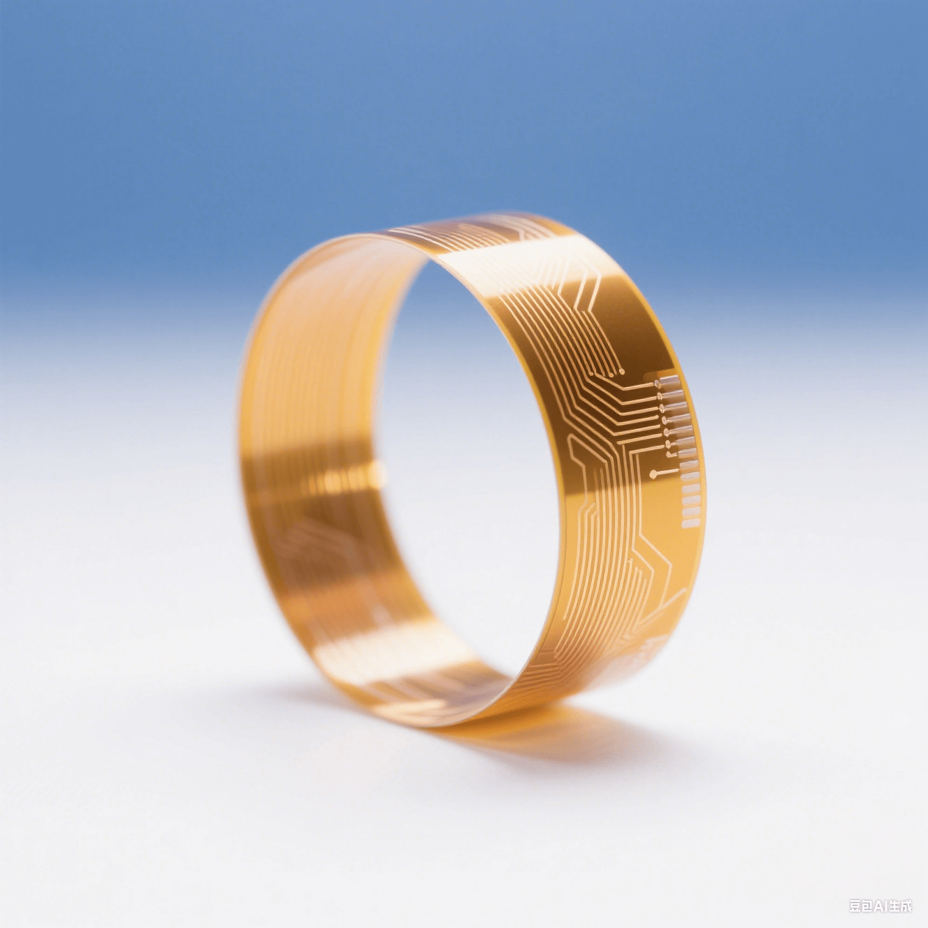 聚酰亞胺柔性電路板在白色背景中以5mm半徑彎曲，金色銅箔線路折射暖光，冷調(diào)環(huán)境光突顯材料柔韌性與科技感