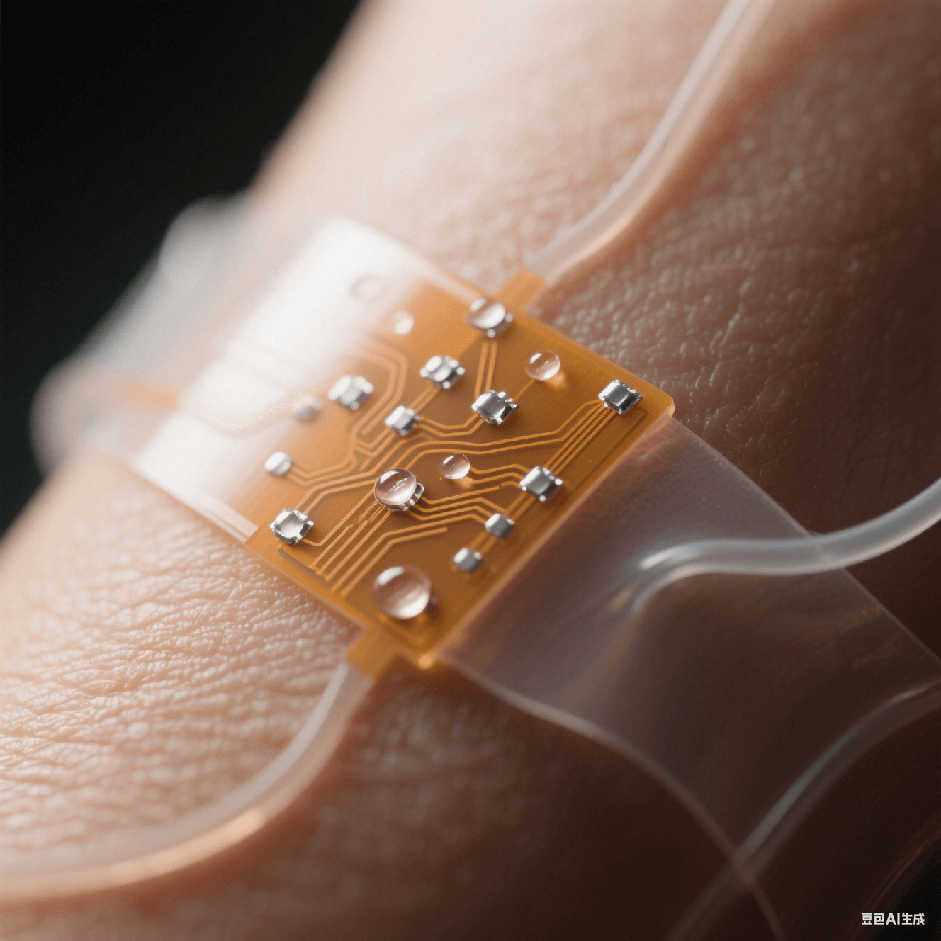 半透明琥珀色柔性電路板微距貼合人類皮膚，銀色焊點(diǎn)如露珠嵌于生物相容涂層表面，邊緣自然卷曲呈現(xiàn)醫(yī)療電子融合