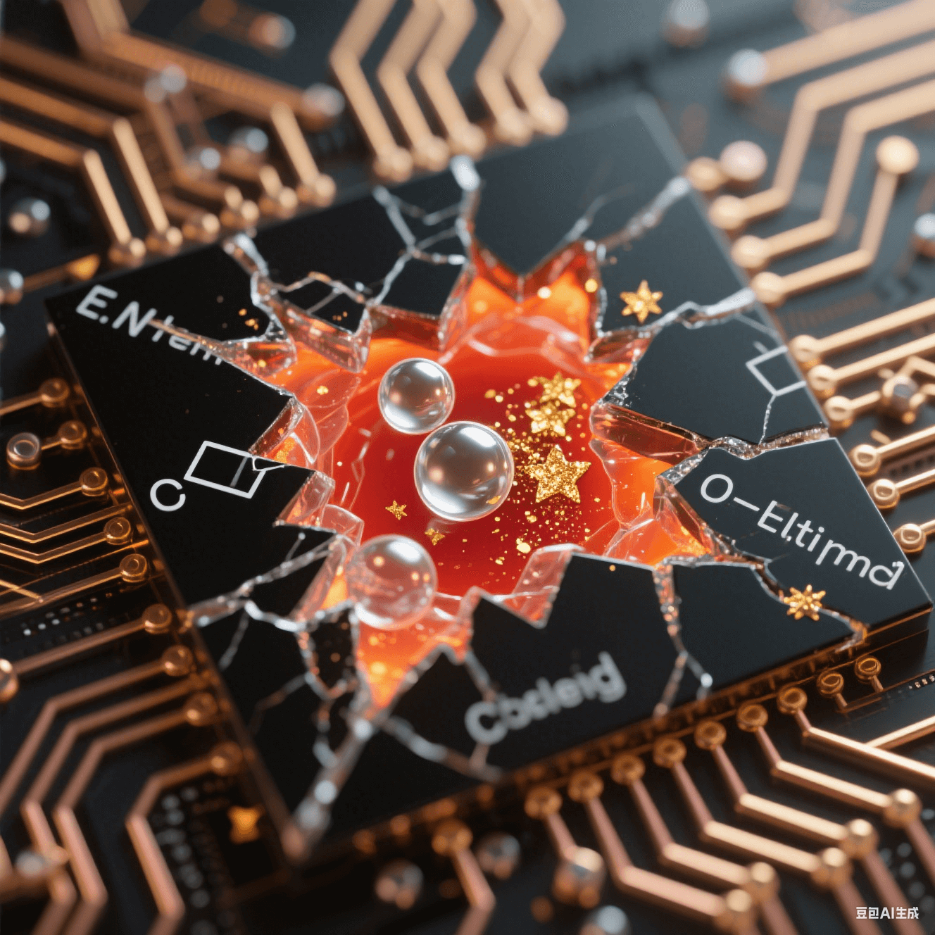 黑色電路裂紋中透明微膠囊破裂釋放液態(tài)銀球與金粉，橙紅聚合光暈沿銅網(wǎng)格擴(kuò)散