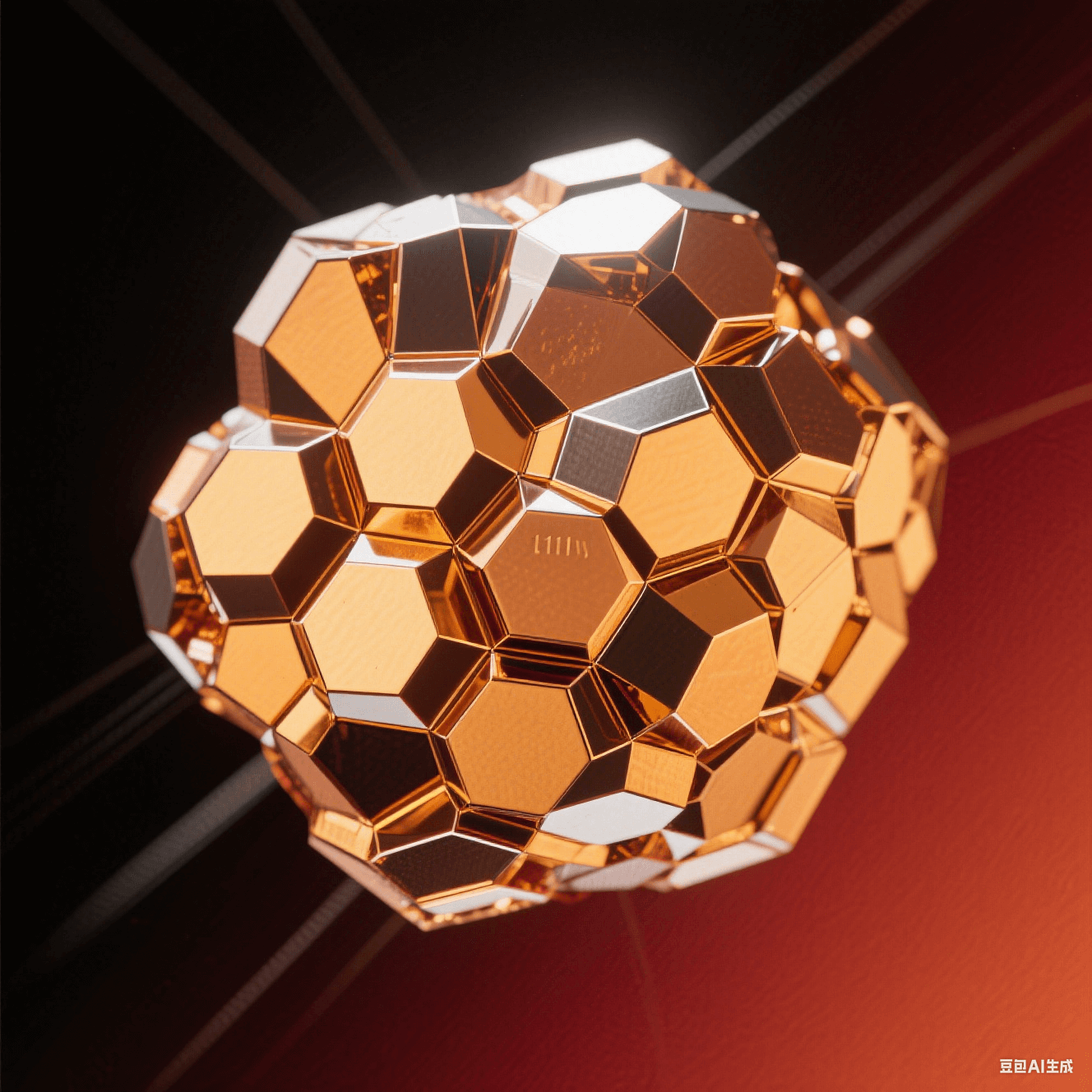 藝術(shù)化銅晶體顯微圖：暖金色等軸晶粒緊密鑲嵌，六邊形晶面反射定向光束，深紅背景強(qiáng)化金屬晶界光澤