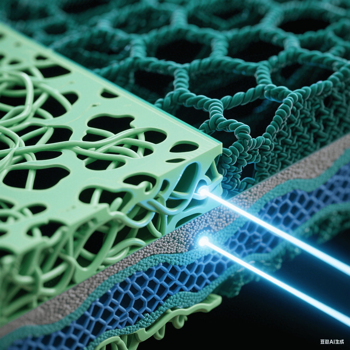 納米級(jí)樹(shù)脂剖面藝術(shù)圖：左側(cè)淺綠松散分子鏈含黑色孔隙，右側(cè)墨綠致密交聯(lián)網(wǎng)絡(luò)呈剛性六邊形，青白紫外光束穿透層間