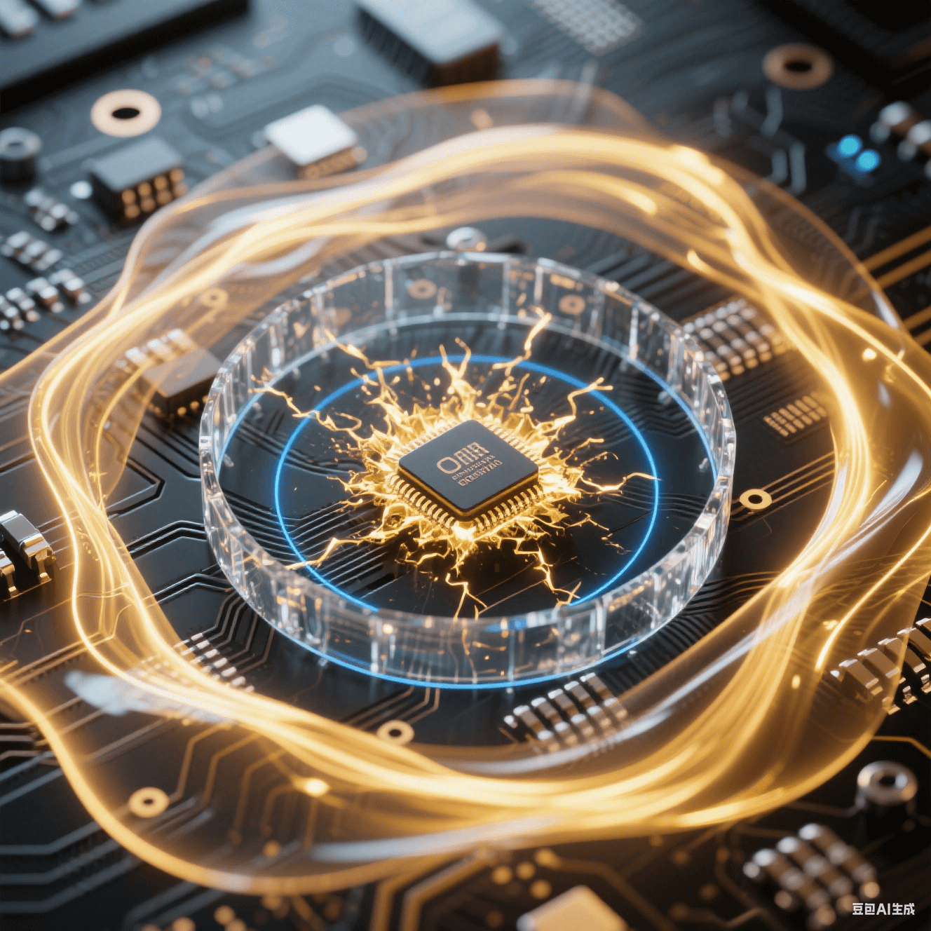 黑色PCB芯片爆發(fā)環(huán)狀金色能量波形成閉合光環(huán)，透明水晶屏障截?cái)嗦窂?，藍(lán)色同心圓阻尼波從電容區(qū)擴(kuò)散