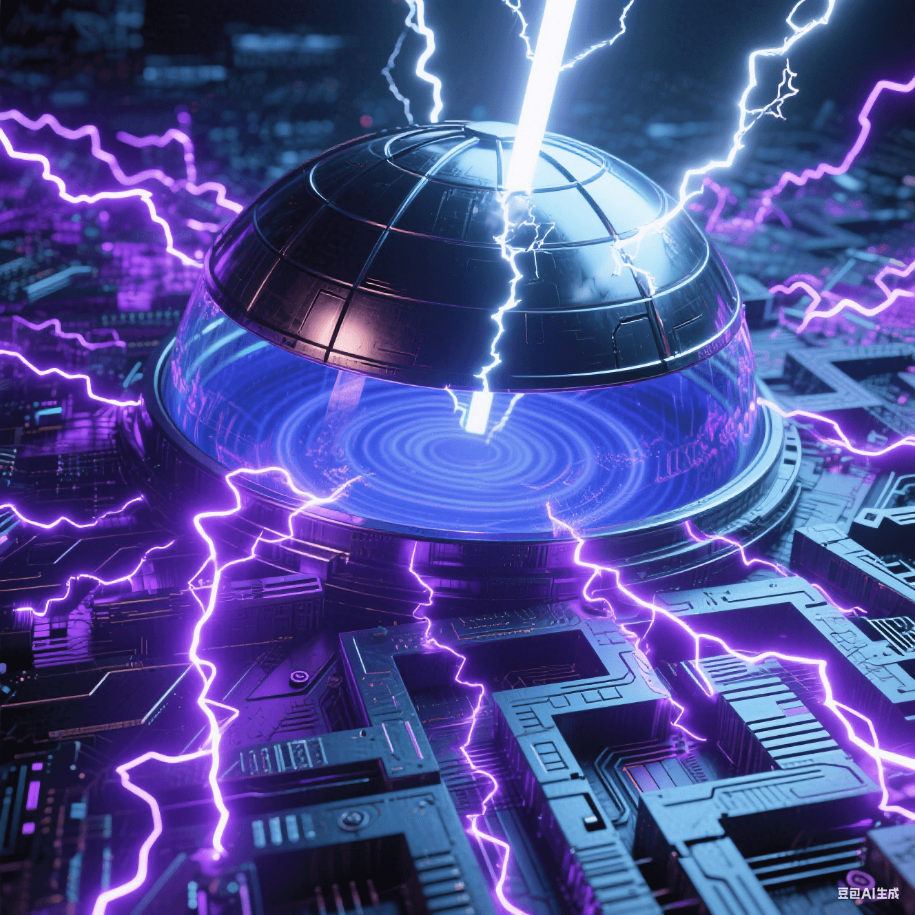 密集紫色電弧在電路間跳躍，金屬穹頂籠罩后衰減為藍(lán)色漣漪，穹頂裂縫輻射熾白光束，熔融金屬與冷電路背景碰撞