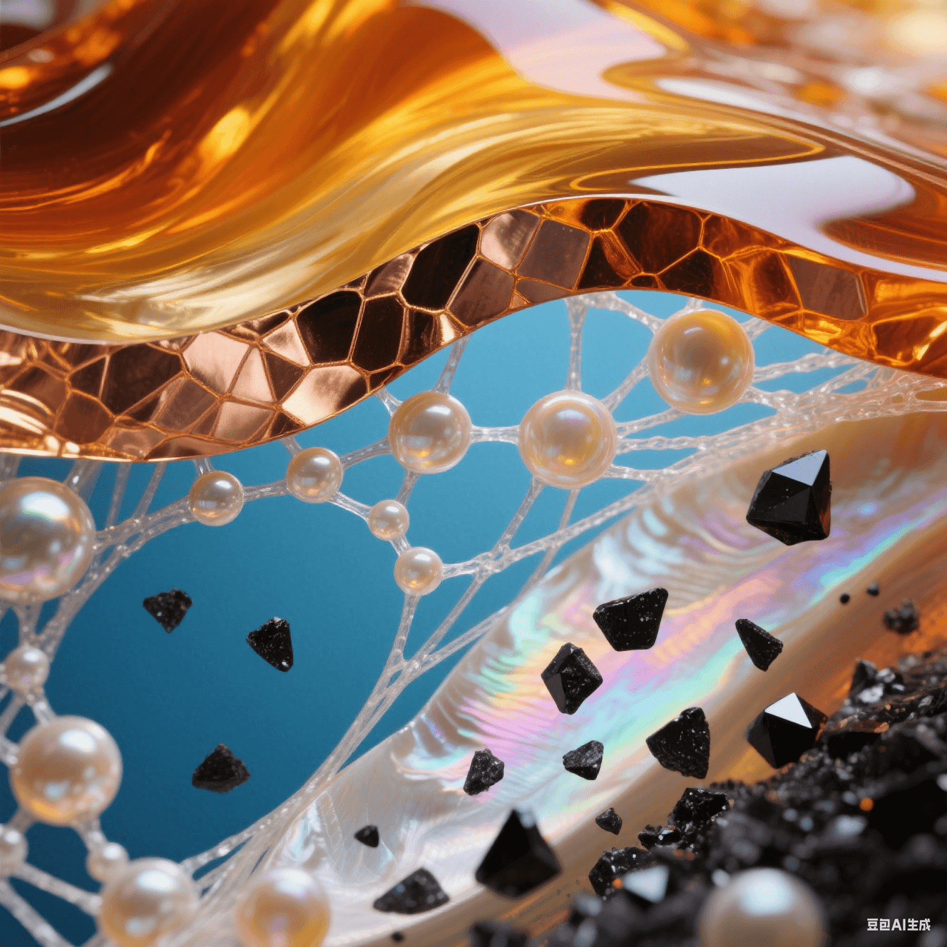 琥珀色樹脂與鎏金銅箔分離，層間涌出珍珠母貝氣泡，玻璃纖維化作發(fā)光絲線，藍橙熱應力波與虹光結晶交織的動力學美學場景