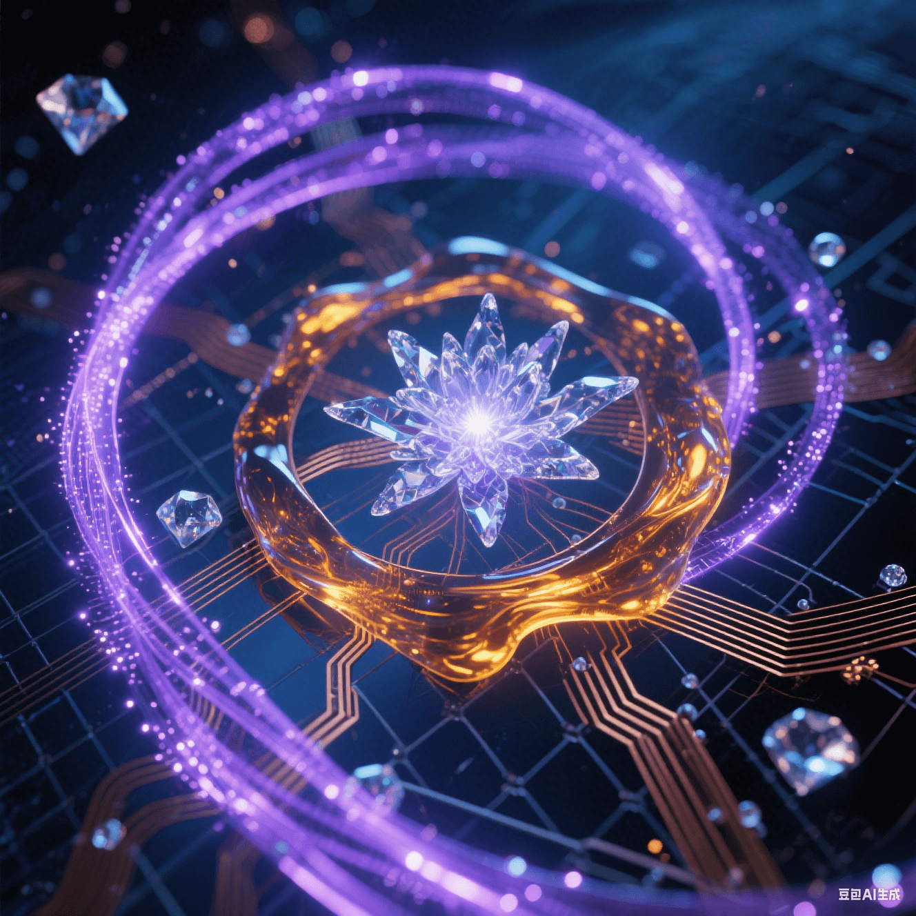 幽藍色玻纖上琥珀樹脂流淌液態(tài)光影，紫色離子粒子流在納米縫隙舞動成星系漩渦，光導纖維網(wǎng)絡故障點綻放水晶能量花簇的光影藝術表現(xiàn)