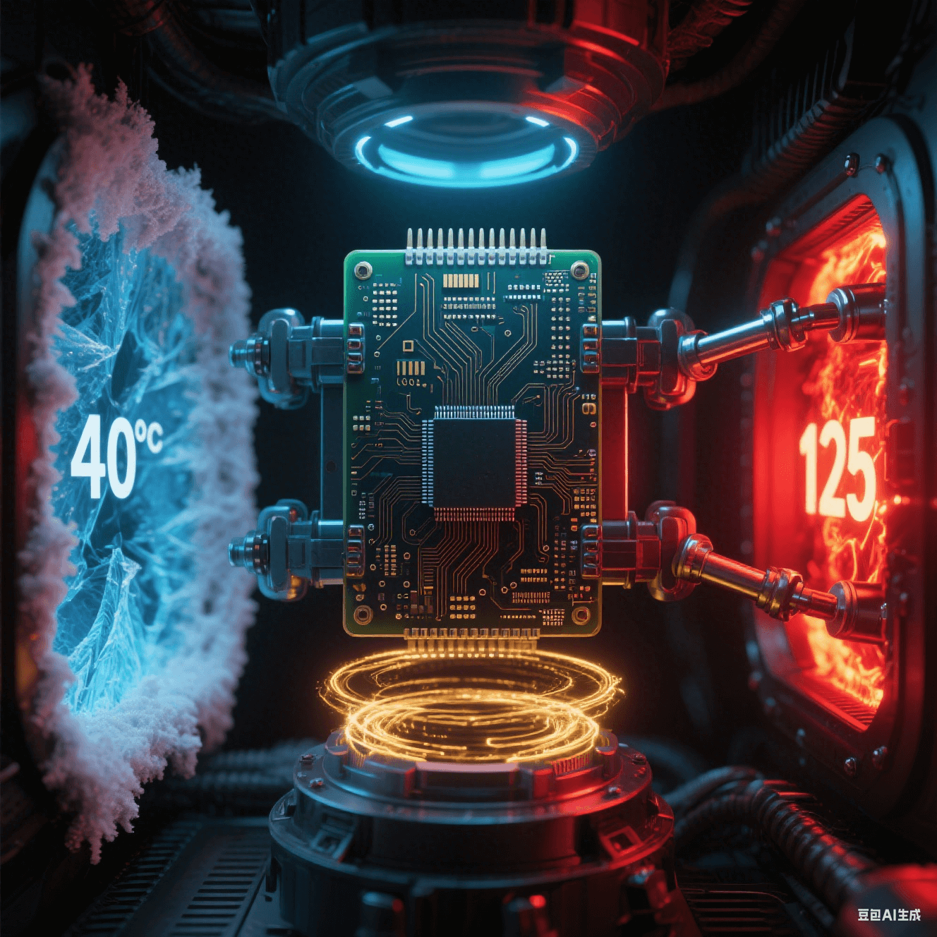 電路板極端環(huán)境測(cè)試艙 - 左側(cè) - 40℃冰藍(lán)色結(jié)霜區(qū)域 - 右側(cè) 125℃熾熱發(fā)紅焊點(diǎn) - 中央板體機(jī)械振動(dòng) - 應(yīng)力釋放槽周圍金色能量漣漪 - 全黑背景紅光藍(lán)光照明