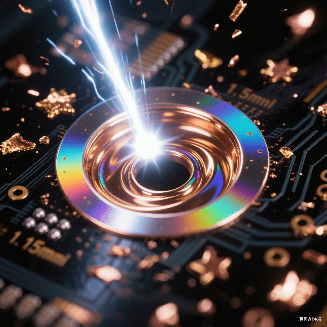 激光鉆孔微距視角 - 紫外激光束聚焦 0.15mm 孔徑 - 熾白能量光斑 - 孔壁鏡面拋光反射七彩虹光 - 深空黑背景 - 金色銅屑星塵 - 孔內(nèi)化學(xué)鍍銅液液態(tài)金屬漩渦