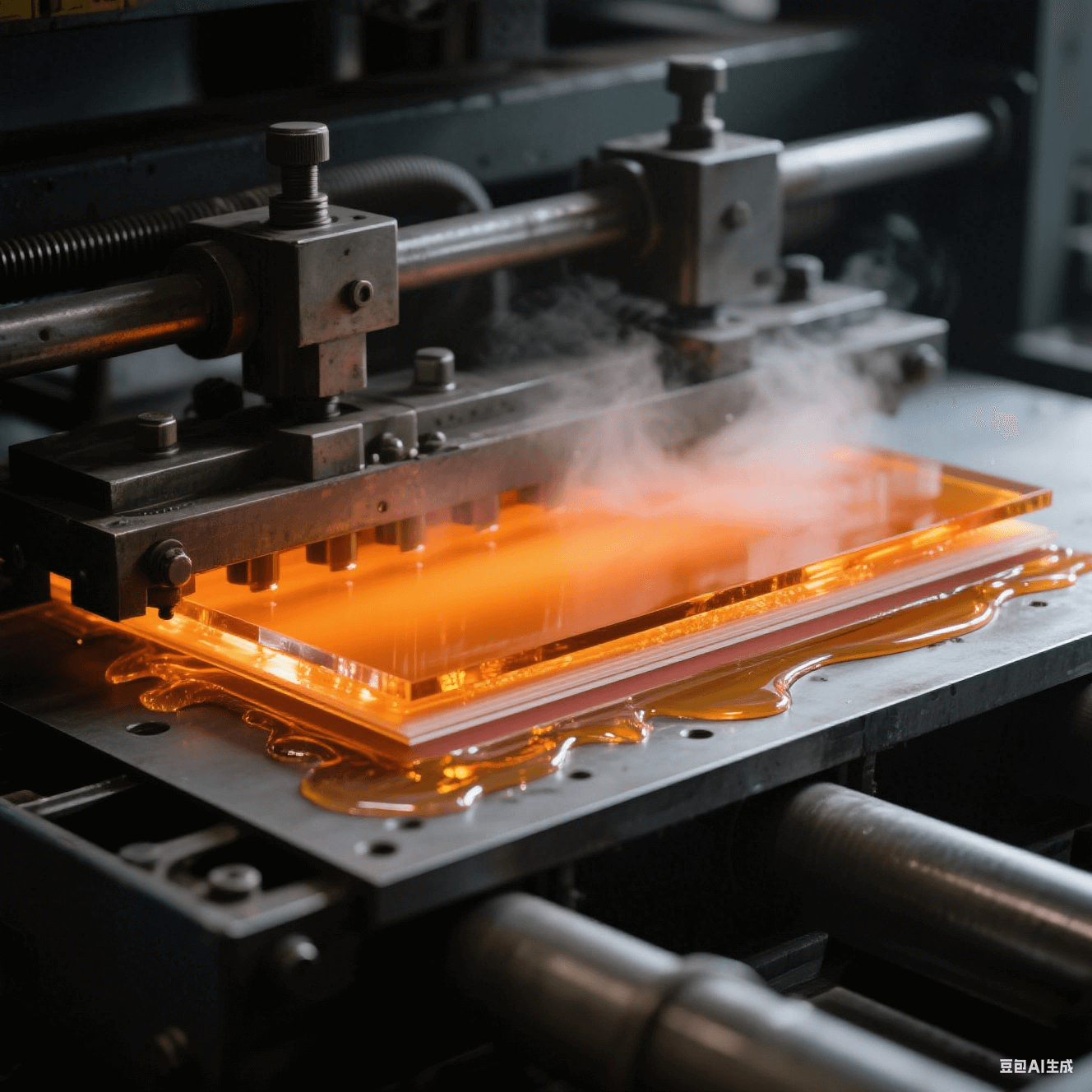 工業(yè)級(jí)層壓機(jī)工藝特寫 - 鋼板夾層中琥珀色樹脂高溫流動(dòng) - 350psi 壓力形成薄介質(zhì)層 - 分層材料邊緣晶瑩膠體 - 熱壓板反射熾熱橙光 - 深灰機(jī)械結(jié)構(gòu)與蒸汽朦朧效果