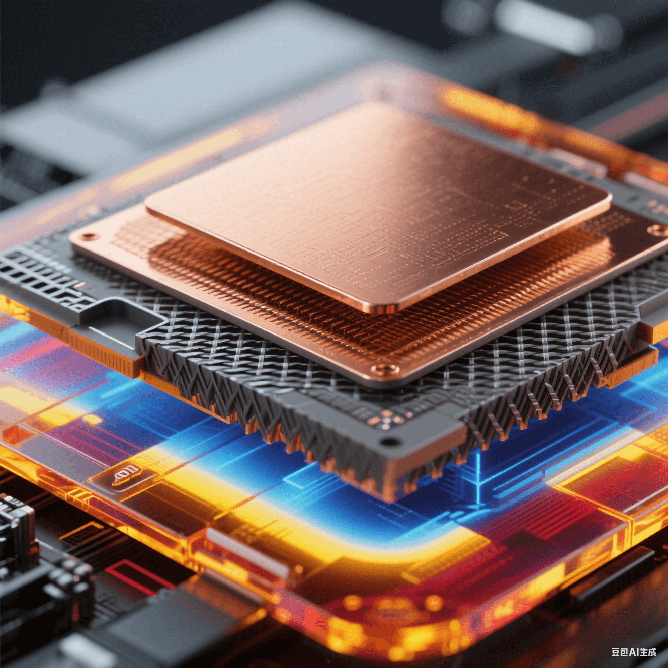爆炸式解構(gòu)視圖展示材料創(chuàng)新，中心 ALD 超薄銅膜（<50nm）呈分子級(jí)紋理，中層 BT 樹脂顯玻璃纖維結(jié)構(gòu)，外層 LCP 材料帶透明琥珀光澤，邊緣有藍(lán)紅黃紅外熱成像色斑