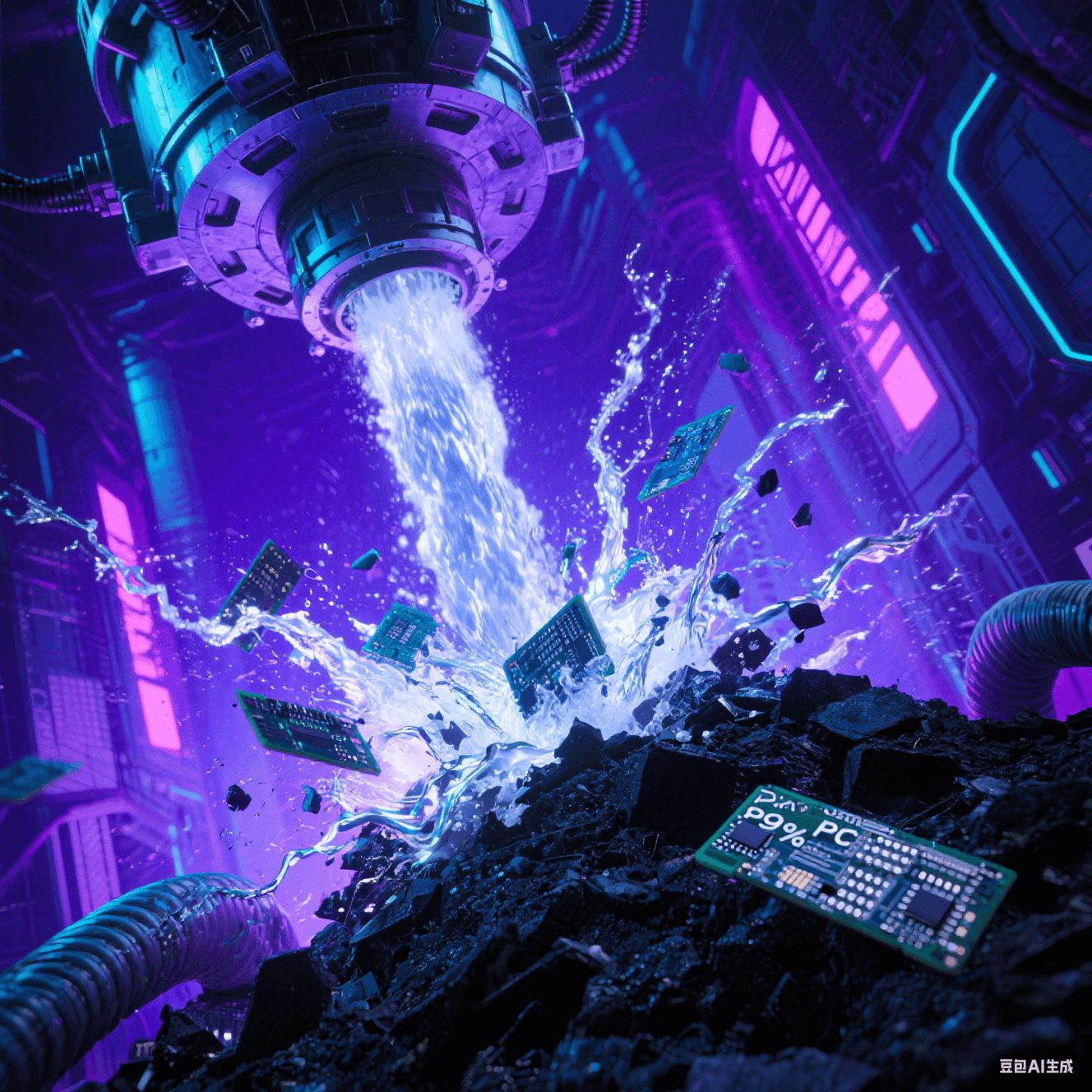  超臨界水解反應(yīng)器：高壓水流撕裂PCB，99%純度玻纖（銀色絲束）與黑色碳渣分離 