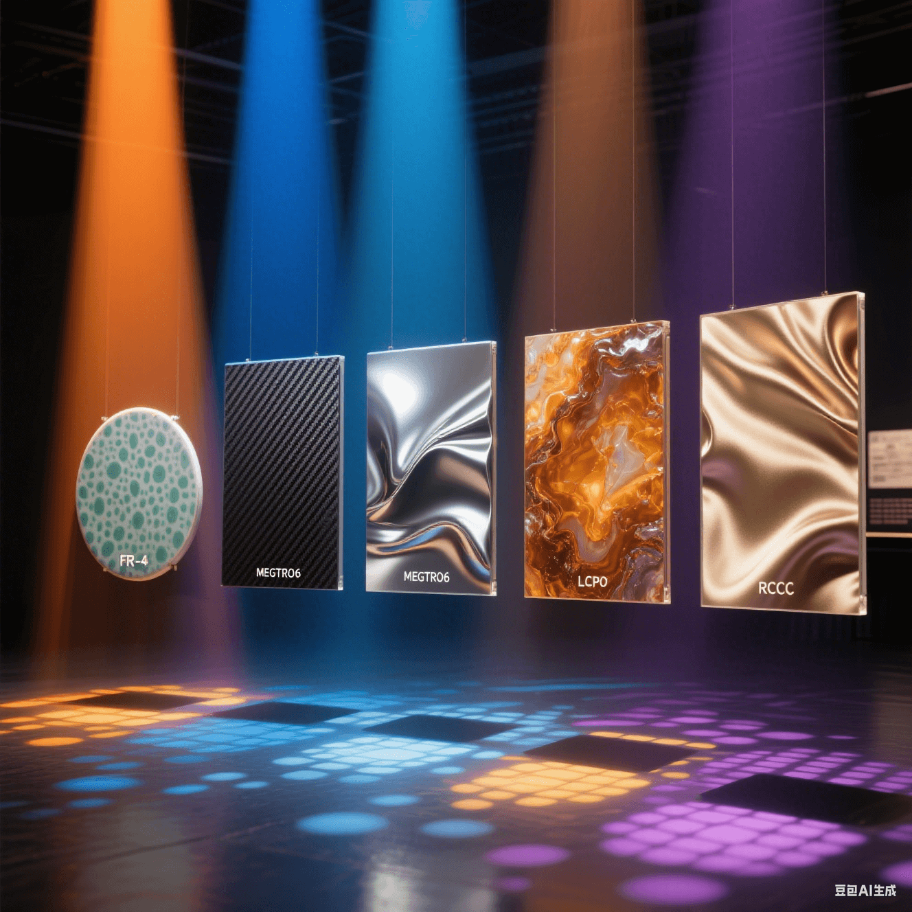 斑駁青瓷紋/碳纖紋/液態(tài)金屬/琥珀瑪瑙紋/絲綢褶皺肌理，被橙藍(lán)金銀紫光束穿透，地面投影各異光斑形態(tài)