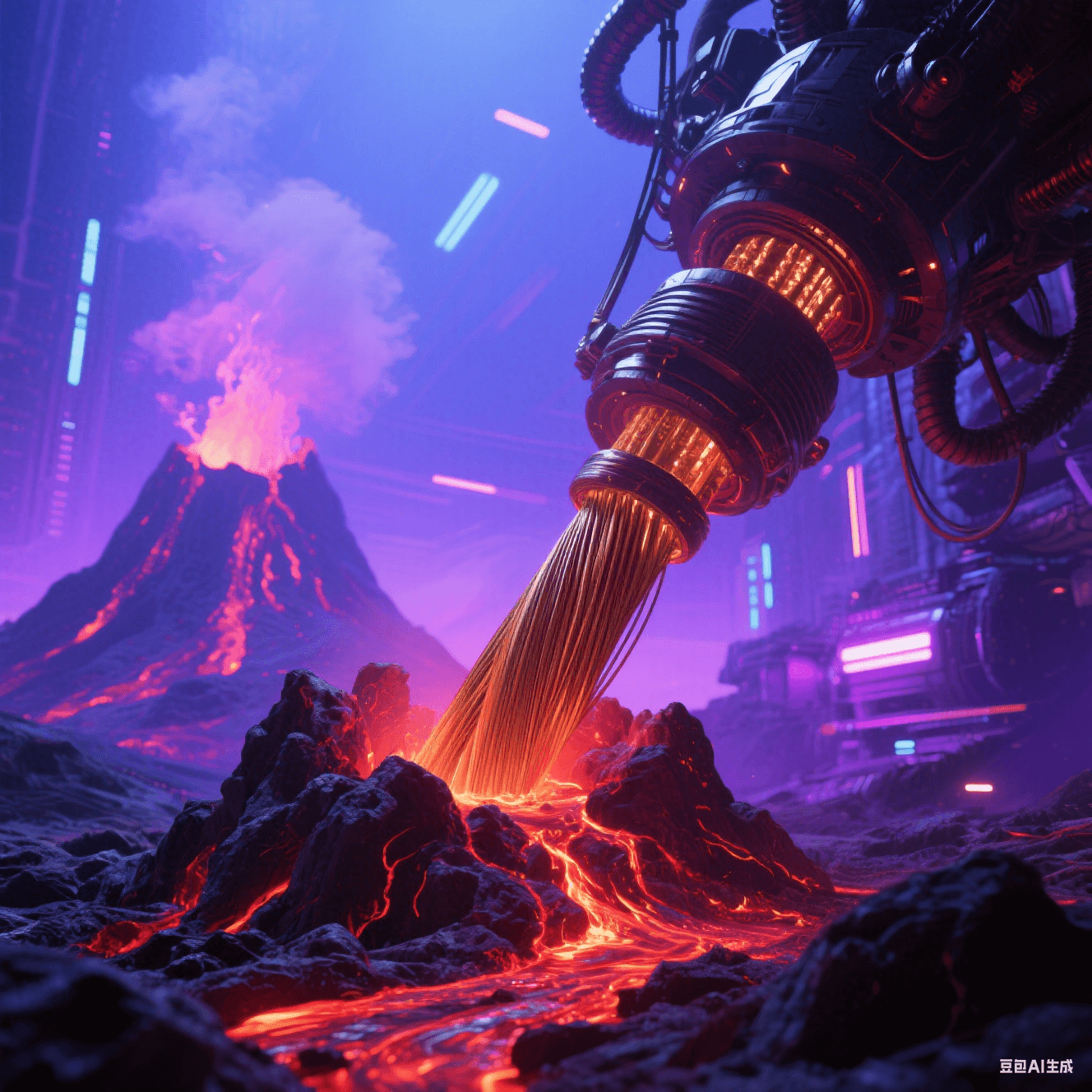 玄武巖纖維替代：火山巖熔融拉絲過程，暗紅熔巖凝固成青銅色纖維束