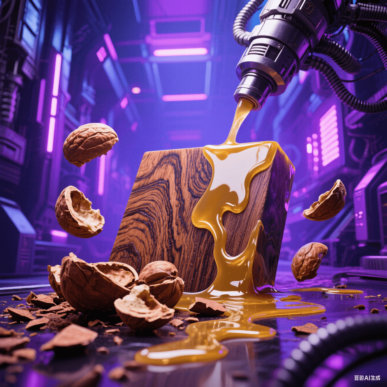 生物基樹脂合成：腰果殼原料（棕褐色有機(jī)碎片）融入金色液態(tài)樹脂，木紋肌理與環(huán)氧流光交融