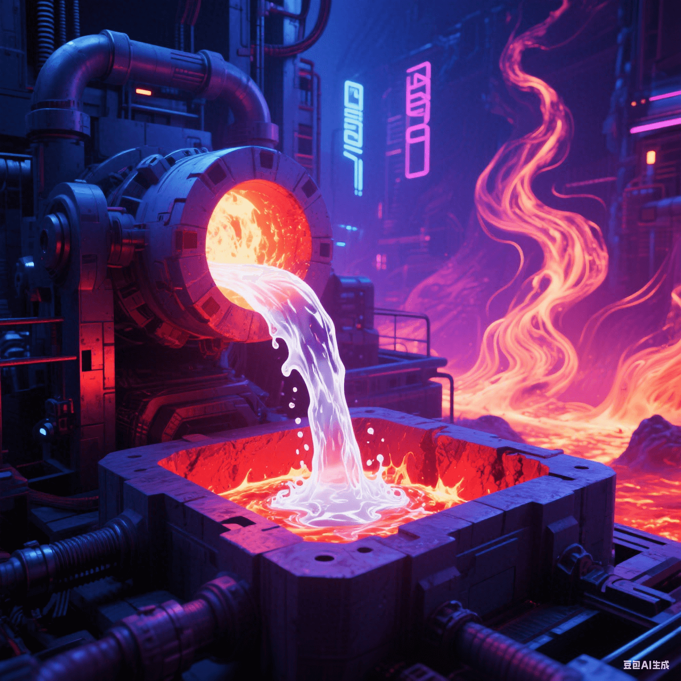 玻璃纖維熔爐：1400℃熾白巖漿狀玻液流入暗紅模具，背景扭曲熱浪  