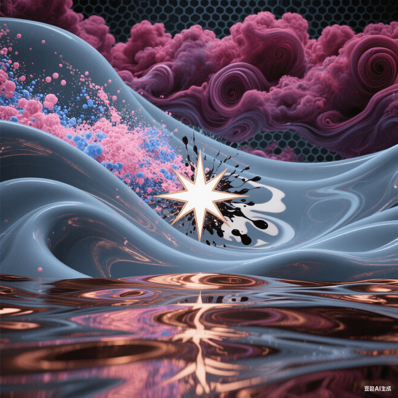 多層青灰介質(zhì)邊界涌出紫紅渦旋云，櫻色與鈷藍(lán)粒子流碰撞炸裂白金星芒，干擾波紋如墨染牛奶，底部銅箔倒影扭曲變形
