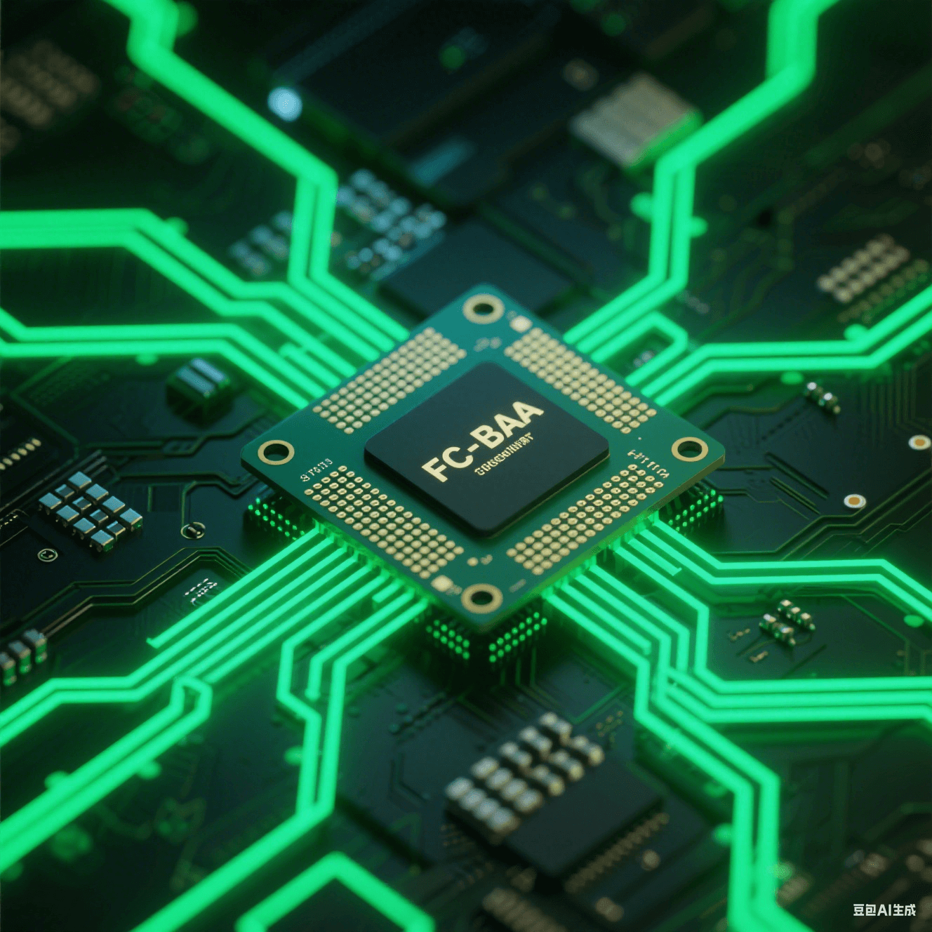 FC-BGA 基板與新型電路板集成特寫：兩者緊密連接，線路交錯(cuò)有序，新型電路板外觀獨(dú)特，在綠色科技光線下，展現(xiàn)集成的創(chuàng)新性與科技感。