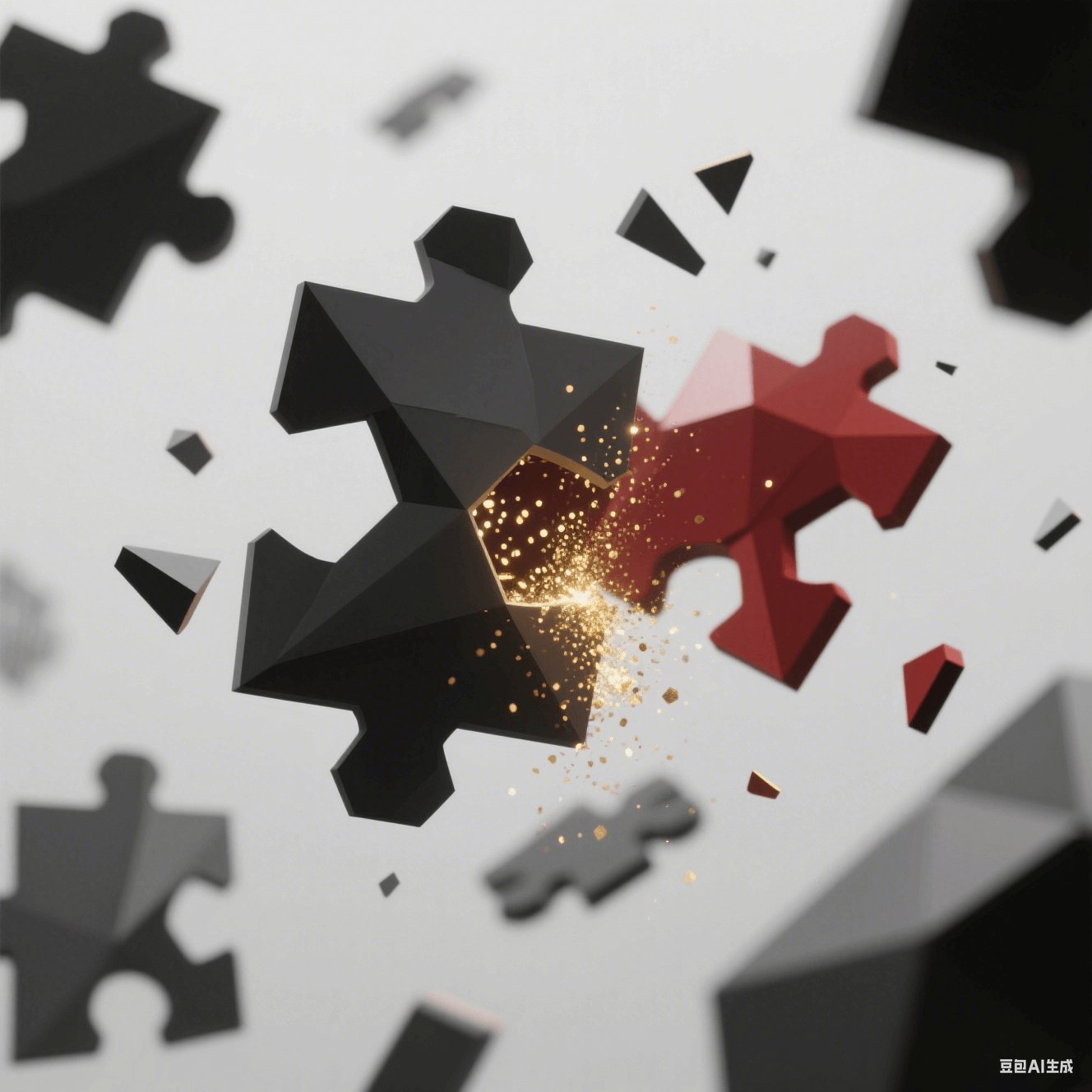 拼圖碎片懸浮空中，日系灰黑拼塊與中式朱紅拼塊碰撞，迸發(fā)金色粒子