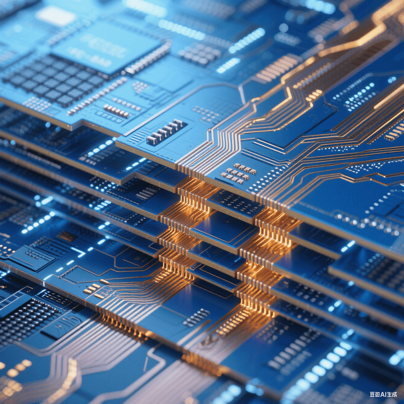 FC-BGA基板拋光剖面放大圖，呈現(xiàn)數(shù)十層藍金色交替的平行線路。絕緣層如深海藍寶石，銅線路如熔金河流，微孔通道貫穿層間形成垂直光柱。整體散發(fā)科幻感冷白光，邊緣有精密切割反光。