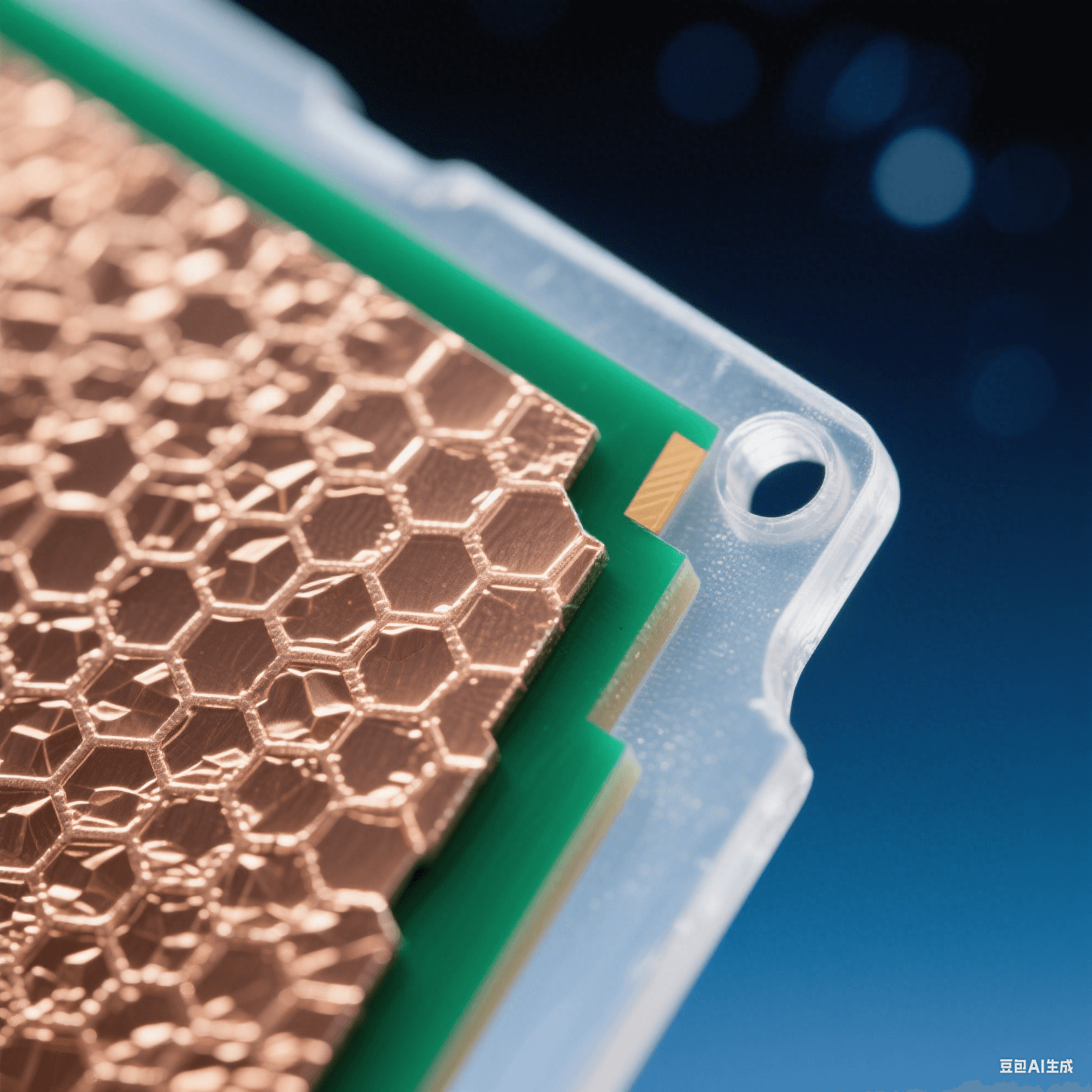 無鹵素基板銅箔結(jié)合界面微觀特寫：淺金色銅晶體與深綠色樹脂形成蜂巢結(jié)構(gòu)，冷金屬光澤與啞光聚合物對(duì)比，頂光下銀白光暈穿透半透明磨砂層