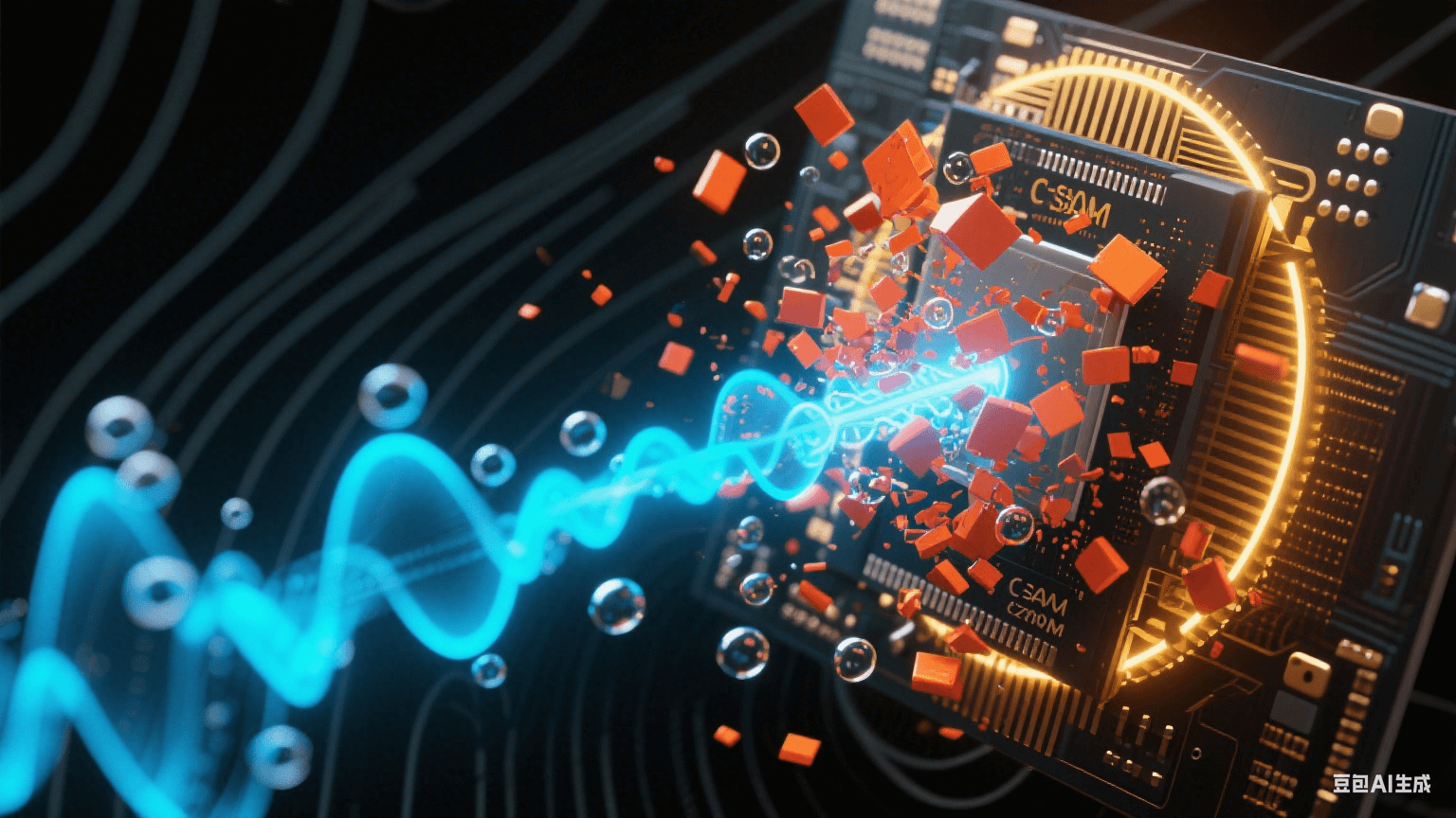 抽象聲波場：藍色超聲波束穿透PCB層壓結(jié)構(gòu)，橙紅氣泡群碎裂成微粒后被金色共振環(huán)溶解，黑色基材表面浮現(xiàn)聲波干涉紋