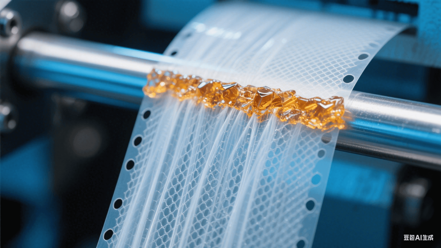 特寫多孔離型膜截面：銀白氣體流柱穿透薄膜網(wǎng)格，孔緣凝固琥珀樹脂晶體，背景液壓桿泛冷藍金屬反光